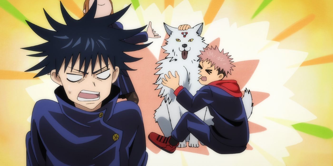 Kugisaki and Itadori petting Fushiguro&rsquo;s Divine Dogs.