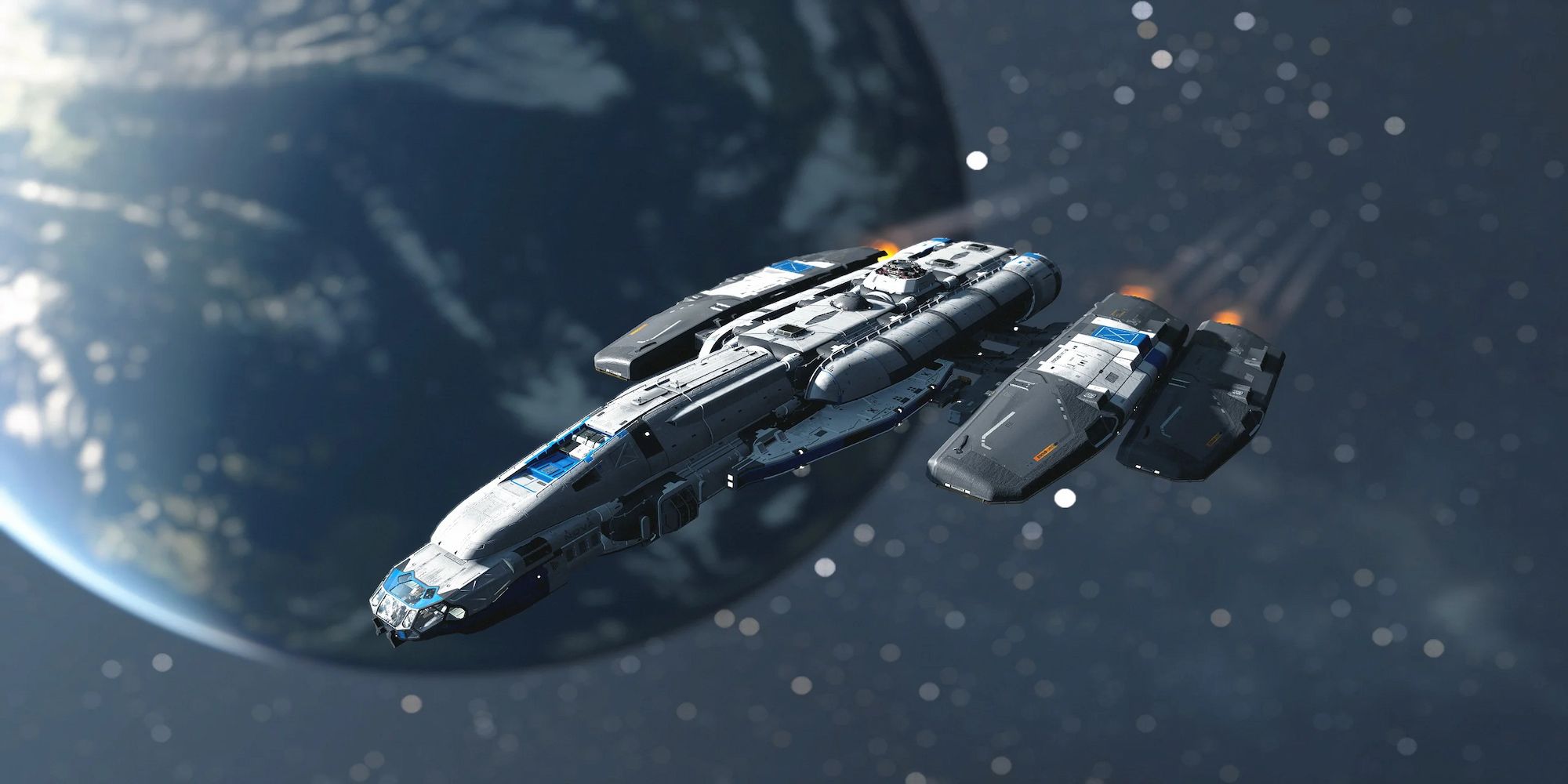 A Custom Normandy ship created in Starfield using the ship builder mechanic