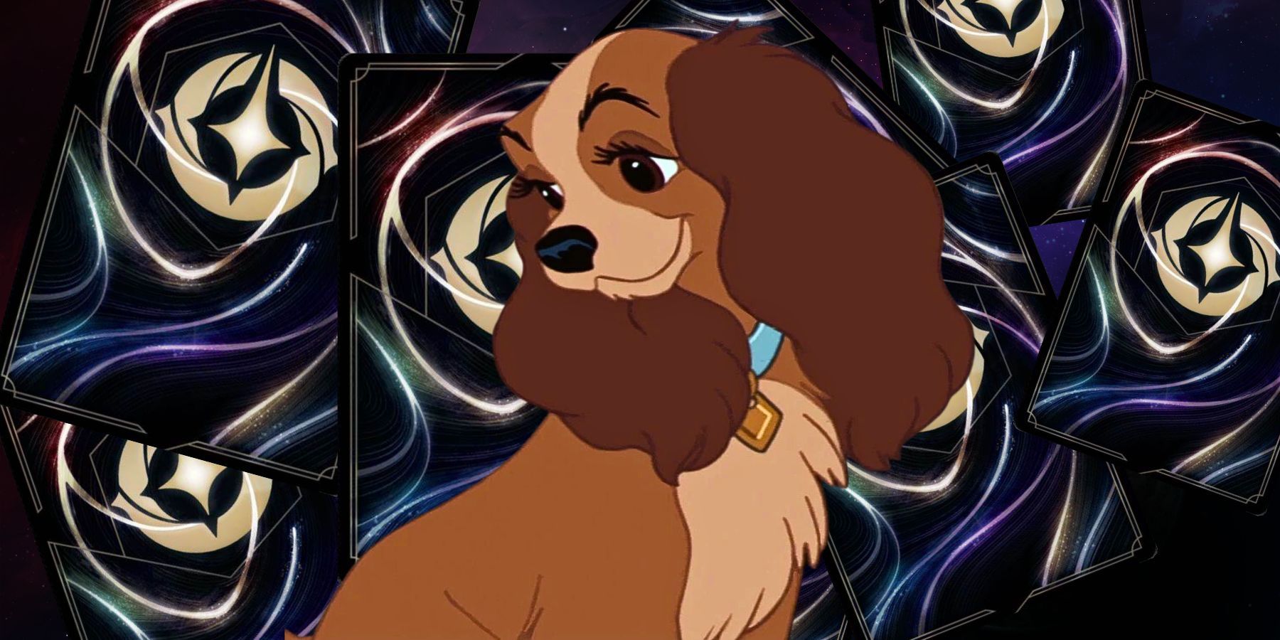 Lady from Lady and the Tramp in front of some Lorcana card backs
