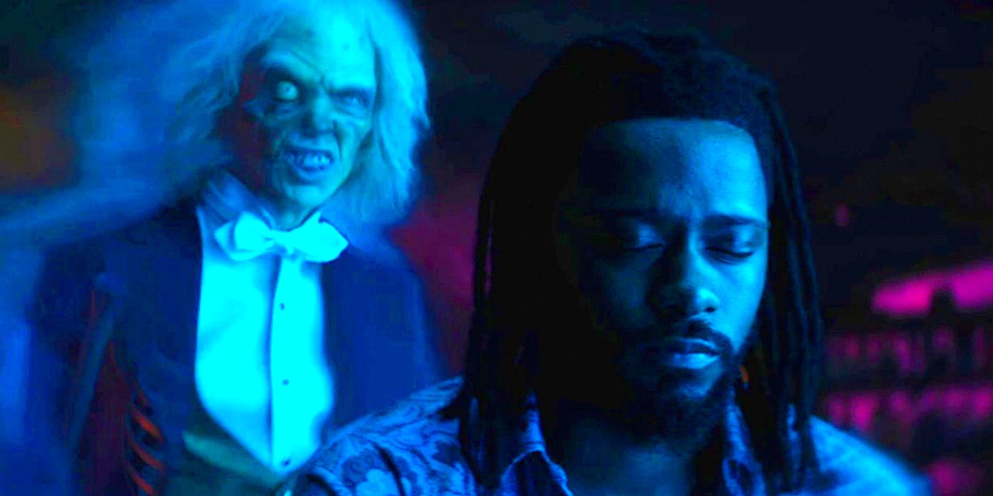LaKeith Stanfield with a Ghost Behind Him in Haunted Mansion 2023