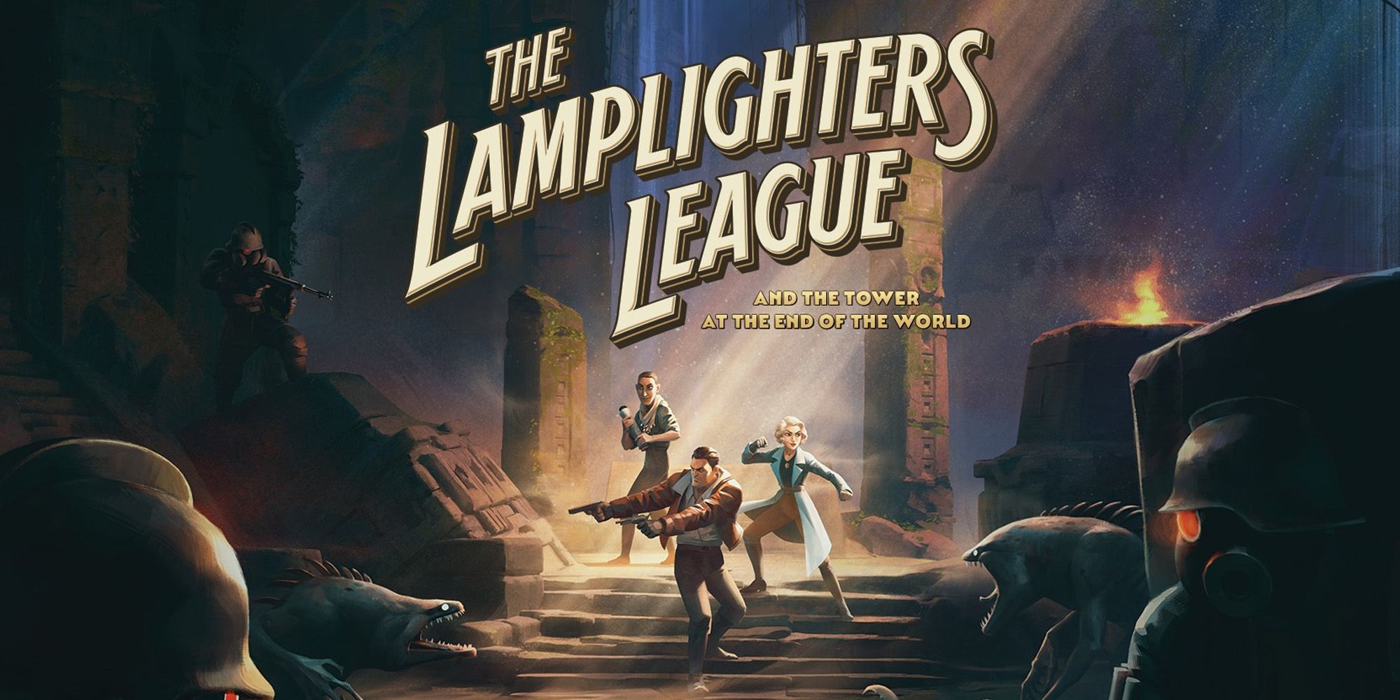 Lamplighters League art showing three agents facing a horde of enemies among ancient ruins.