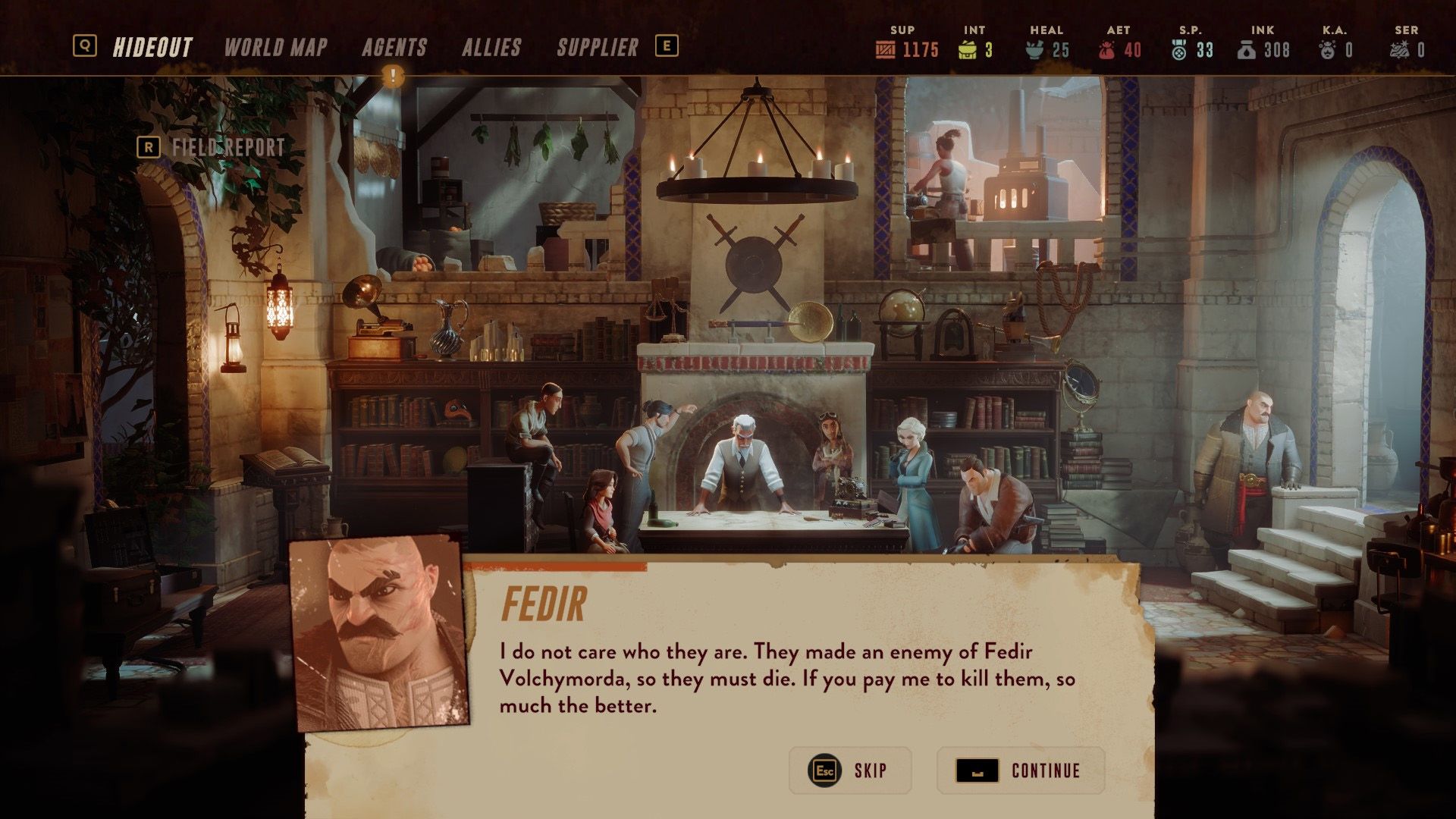 Fedir, a large agent with a mustache, talking about his enemies in Lamplighters League.