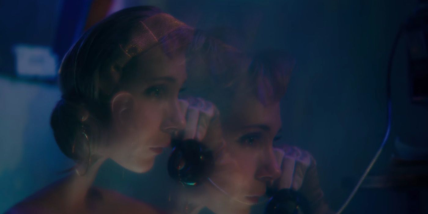 Lucy talks on the phone while the image fractures in Little Birds