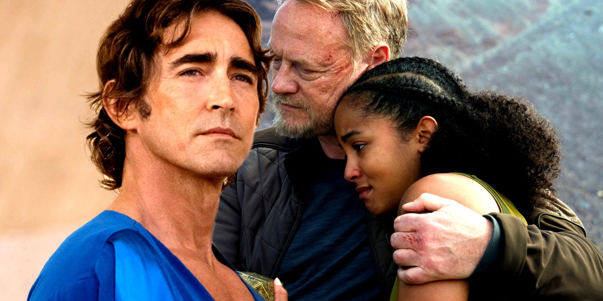 Lee Pace as Cleon and Hari with Gaal in Foundation season 2