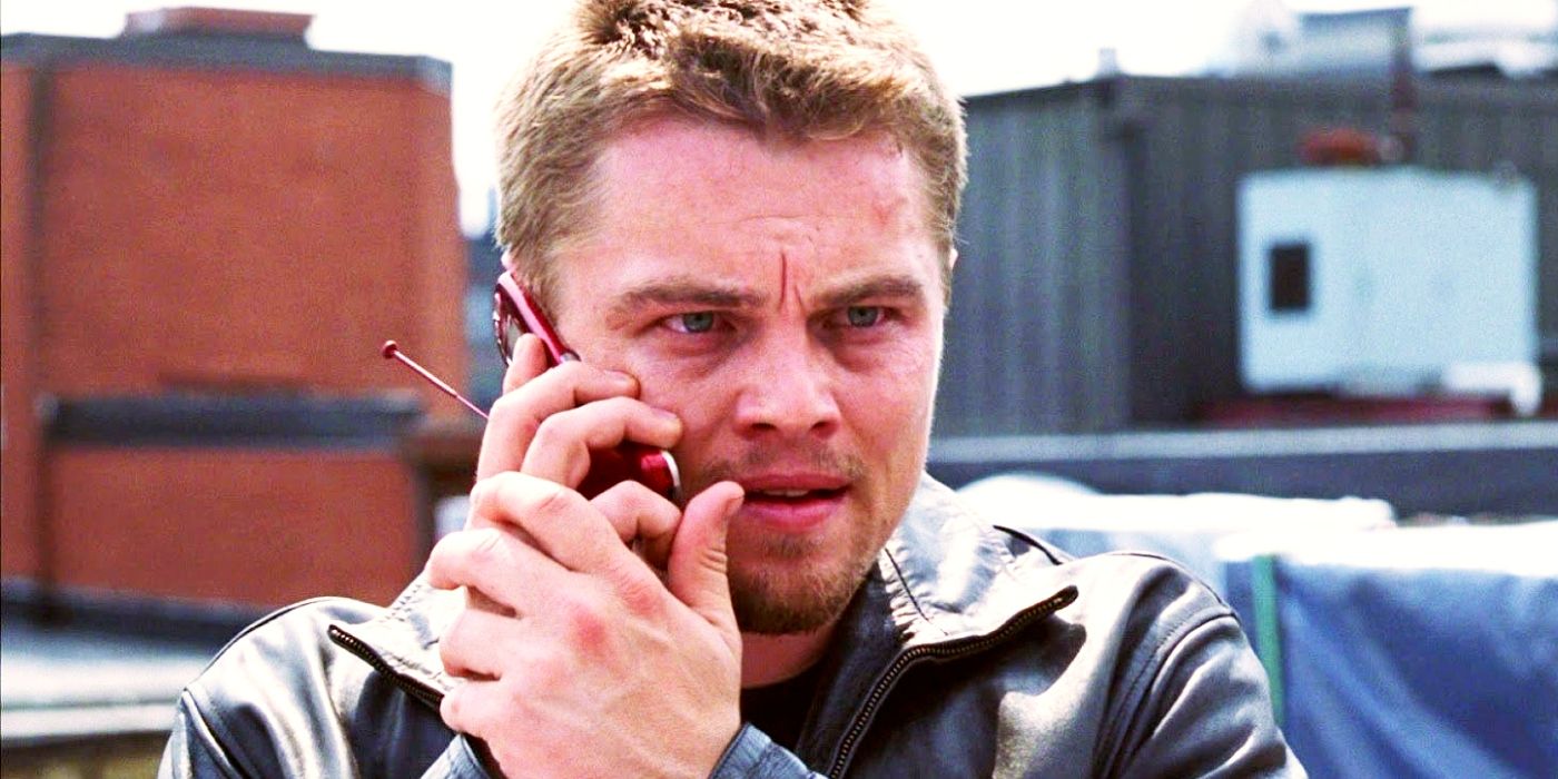 Leonardio DiCaprio holding a cellphone as Billy in The Departed.