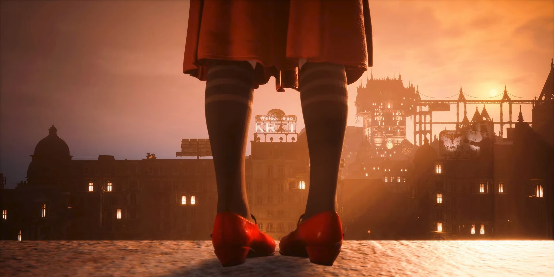A person in red shoes stands on a rooftop and clicks their heels in a screenshot from Lies of P. In the distance, the Krat skyline.