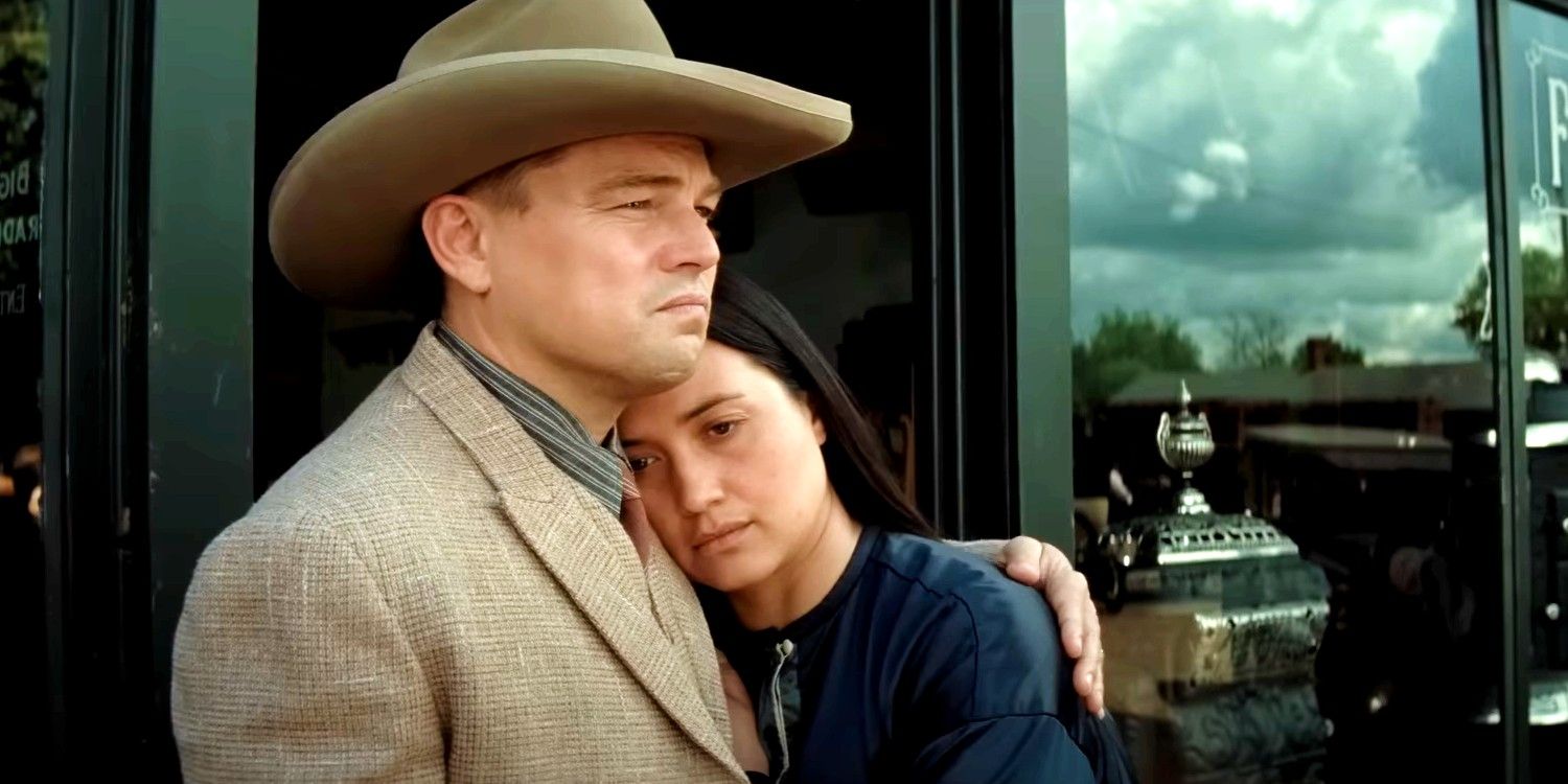 Lily Gladstone embraces into Leonardo DiCaprio in Killers of the Flower Moon