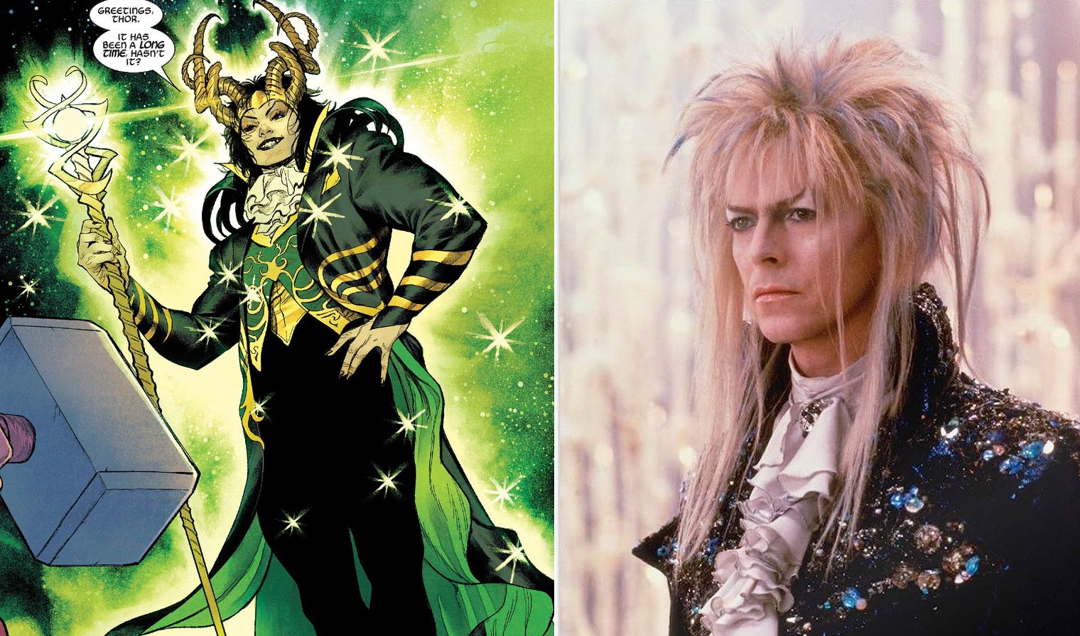 Loki, left, wearing a sparkling coat and cravat; David Bowie, right, in 'Labyrinth,' wearing a gem-bedecked cloak and cravat.