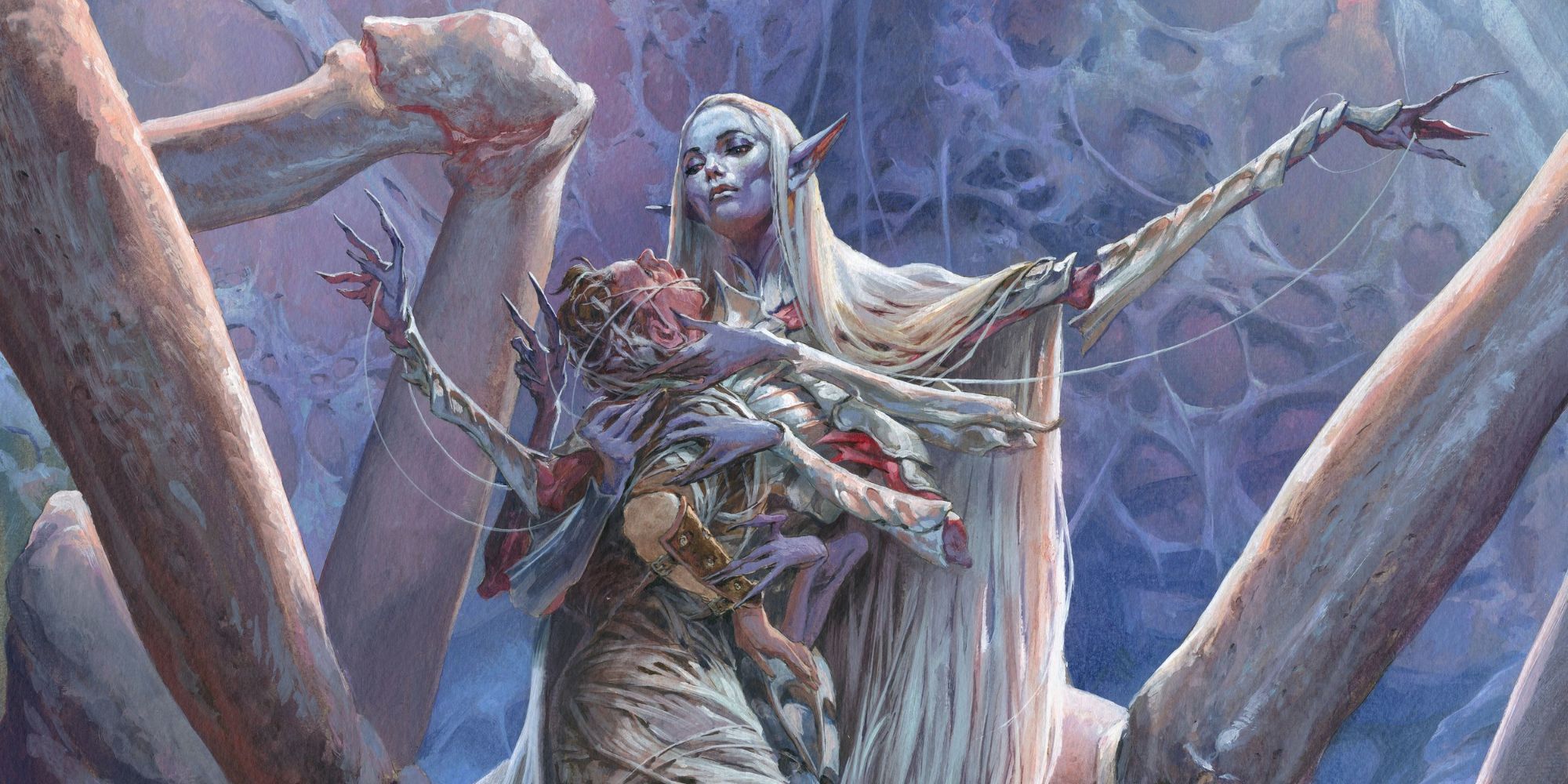 The goddess Lolth, wrapped in webs, emerges from a spider's mouth in official art from the Magic the Gathering expansion Adventures in the Forgotten Realms.