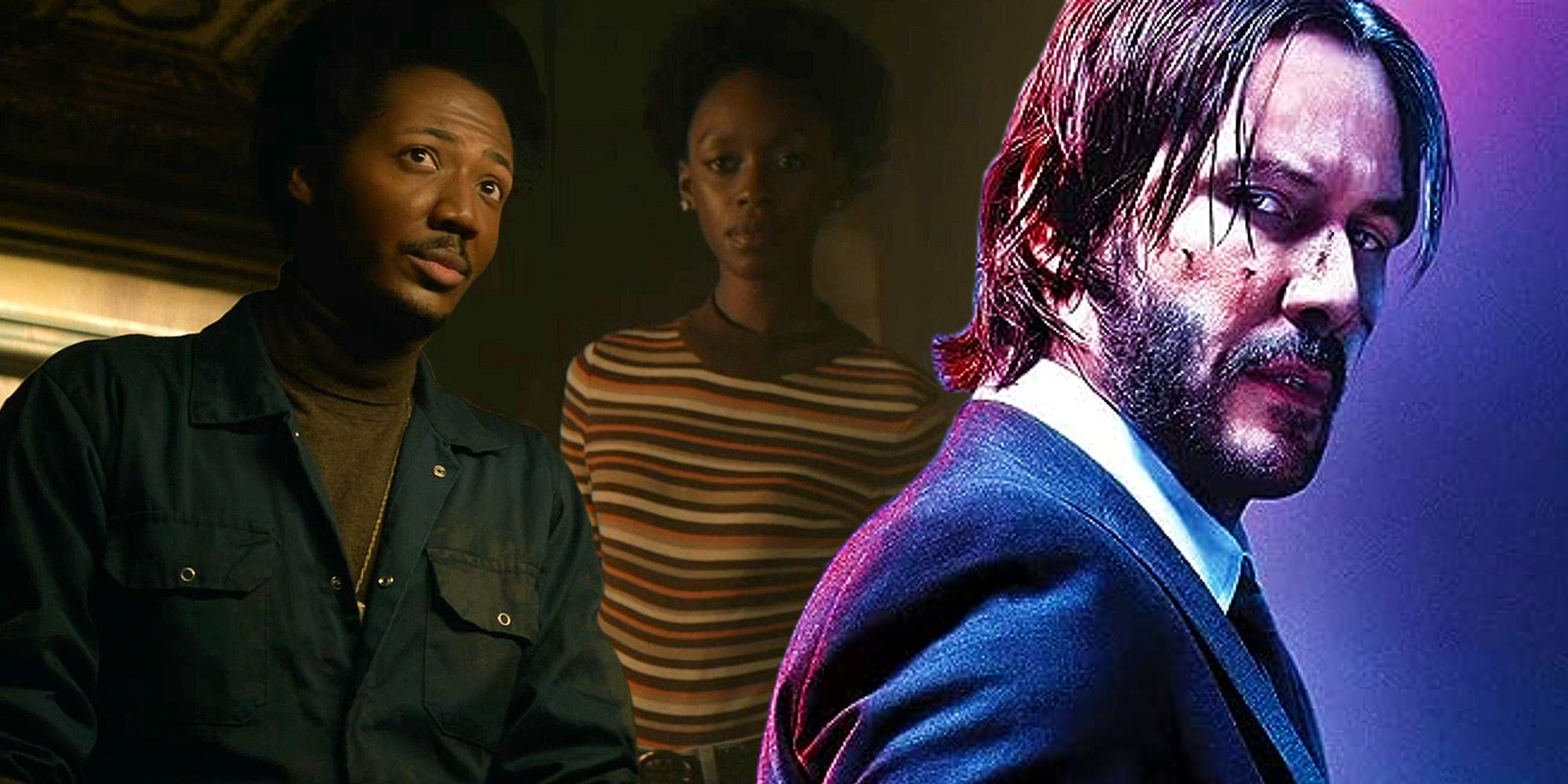 Lou and Miles in The Continental next to the poster for John Wick: Chapter 2
