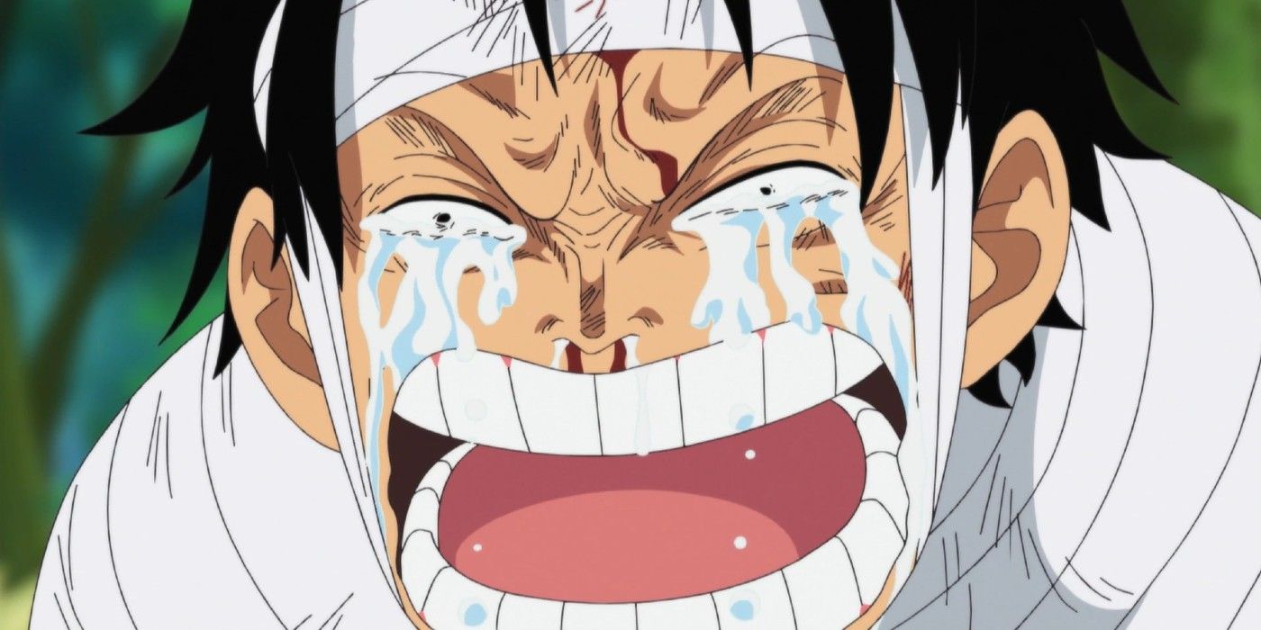 Luffy cries while completely bound in One Piece.