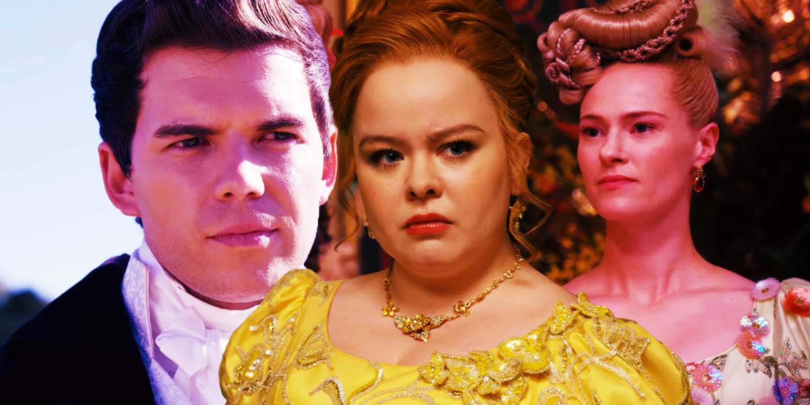 Luke Newton as Colin Bridgerton, Nicola Coughlan as Penelope Featherington, and Jessica Madsen as Cressida Cowper in Bridgerton season 2 episode 1