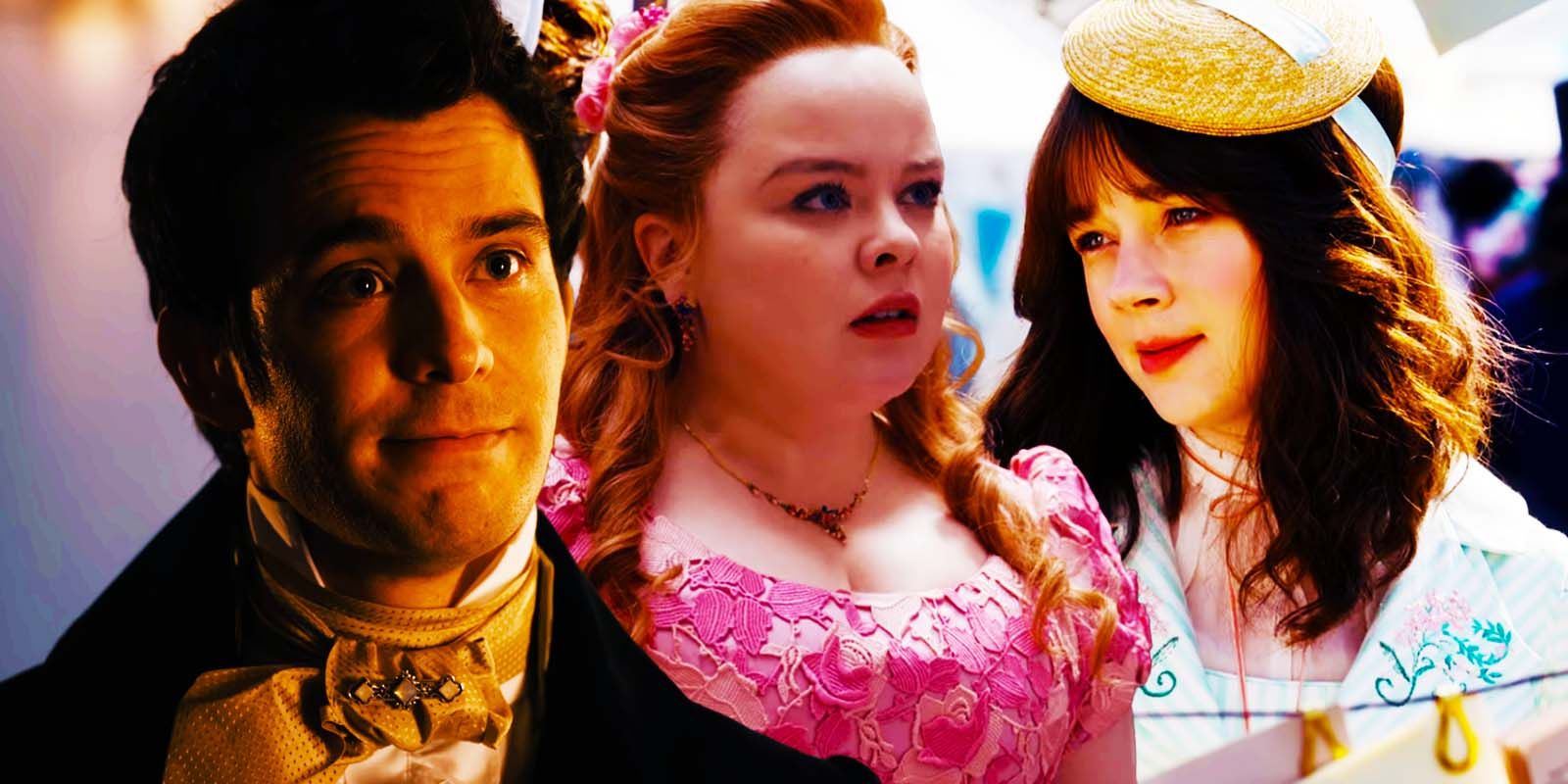 Luke Thompson as Benedict Bridgerton, Nicola Coughlan as Penelope Featherington, and Claudia Jessie as Eloise Bridgerton in Bridgerton season 2-1