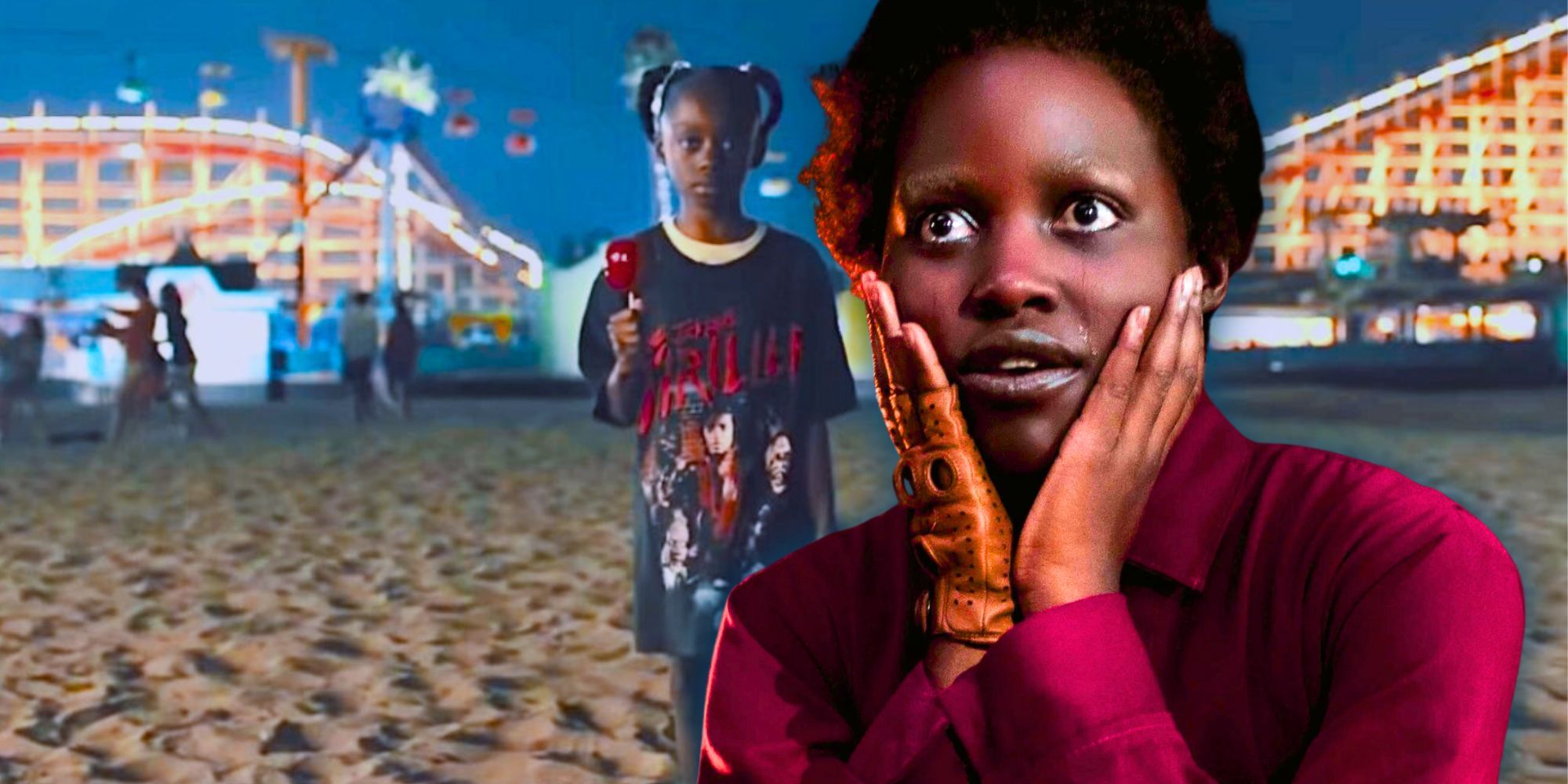 Lupita as Red in Us with Adelaide as a kid at the boardwalk