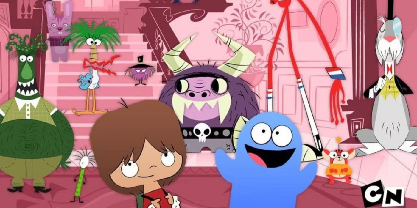 Mac and Blu surrounded by imaginary friends in Foster's Home For Imaginary Friends.