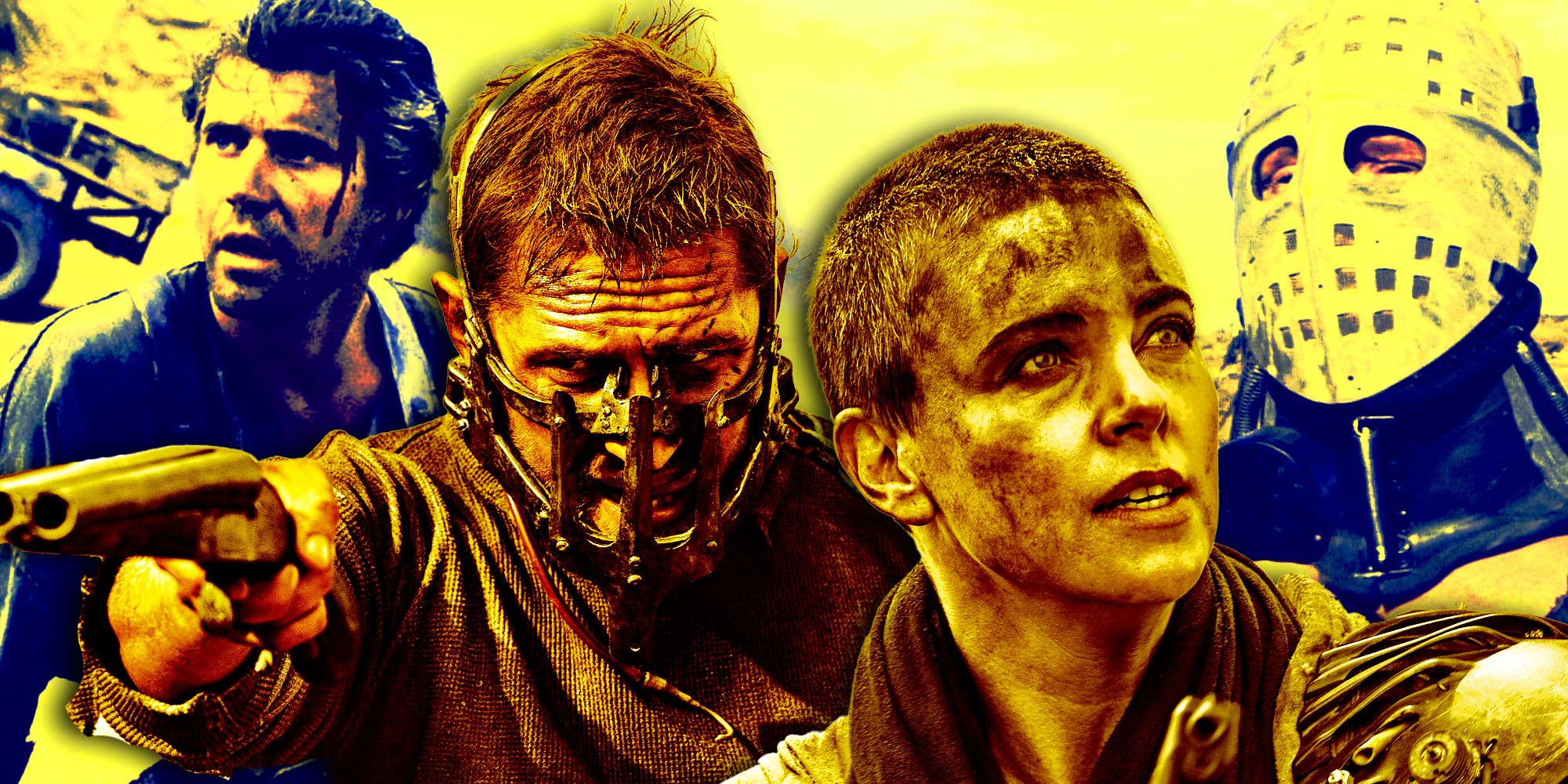 Collage of Mad Max characters includes actors Mel Gibson, Tom Hardy, and Charlize Theron