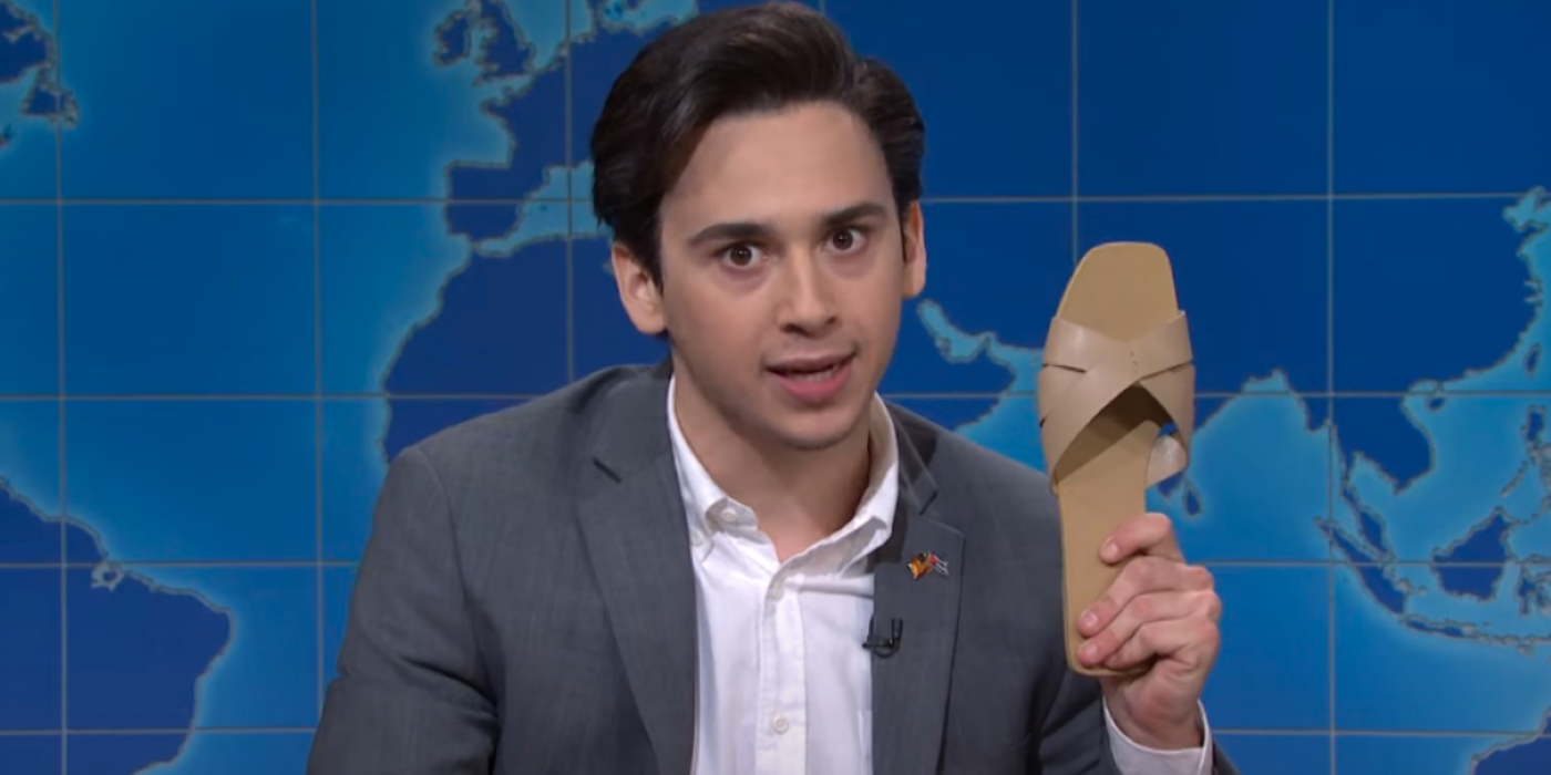 Marcello Hernandez from SNL holding a slipper