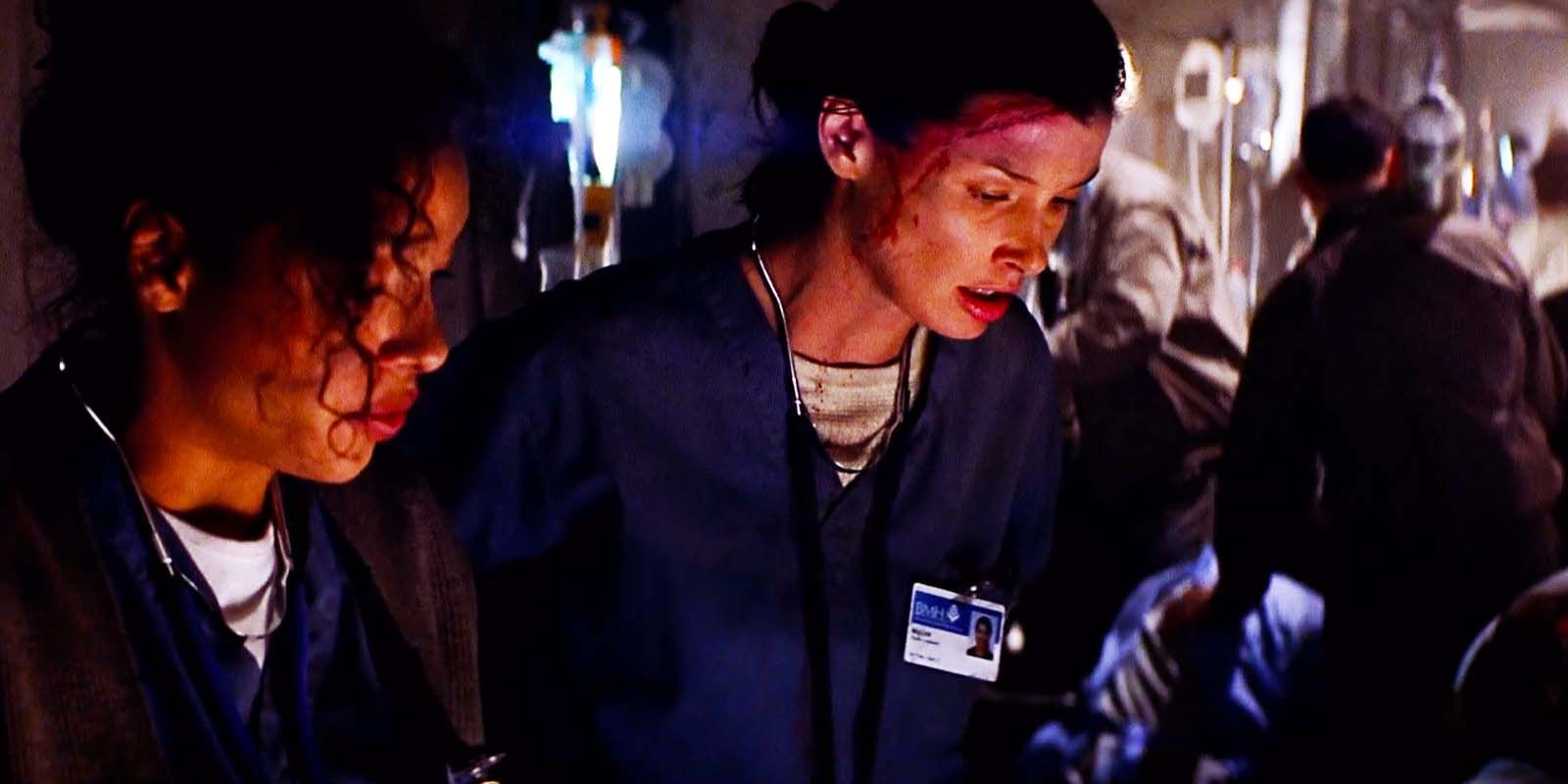 Mariah Inger as Nurse and Bridget Moynahan as Dr. Cathy Muller in The Sum of All Fears