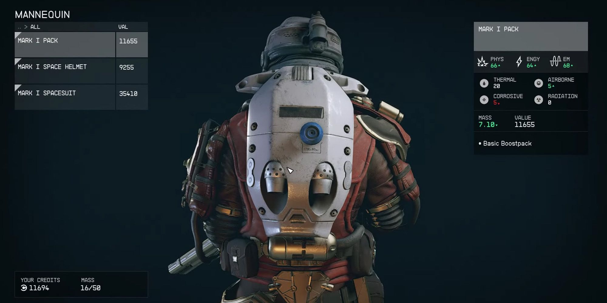 Mark I Pack in Starfield on the back of a character.