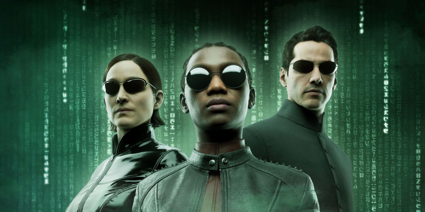 Neo, Trinity and a new character in The Matrix Awakens' cover art
