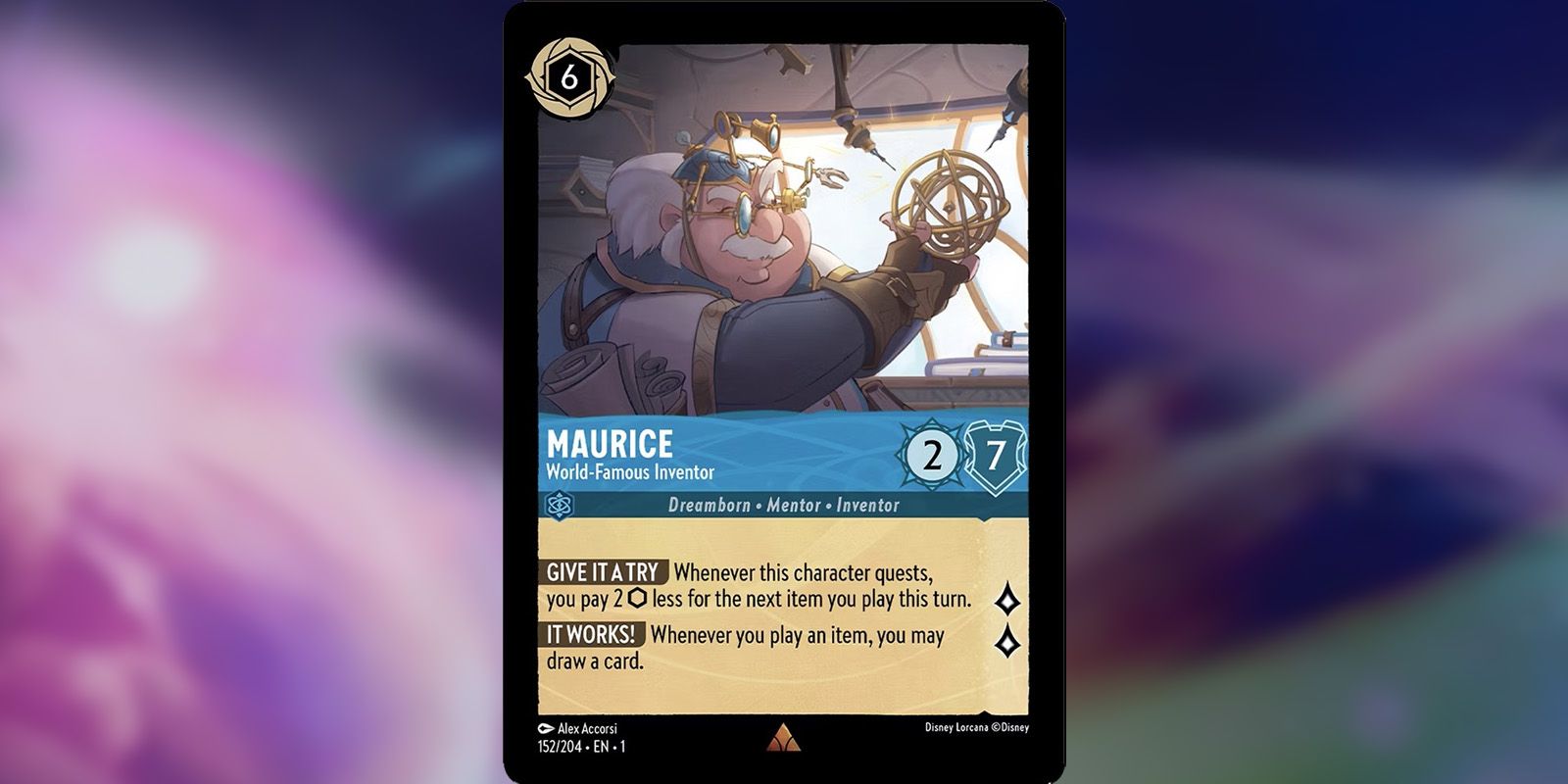 Maurice Disney Lorcana card showing the inventor with a contraption.