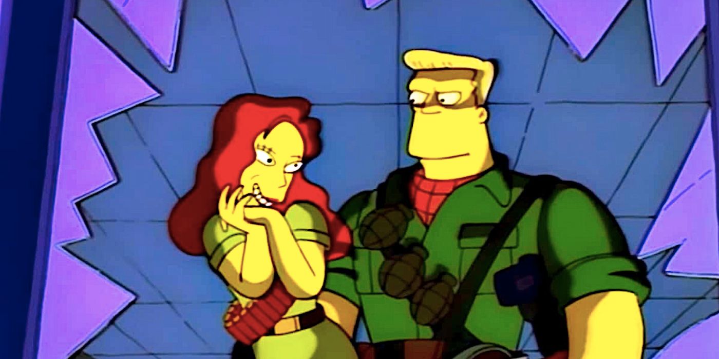 McBain smiles at his love interest in front of a broken window in The Simpsons