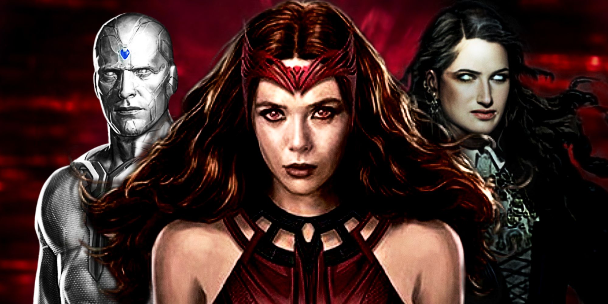 MCU Scarlet Witch in WandaVision with White Vision and Agatha Harkness