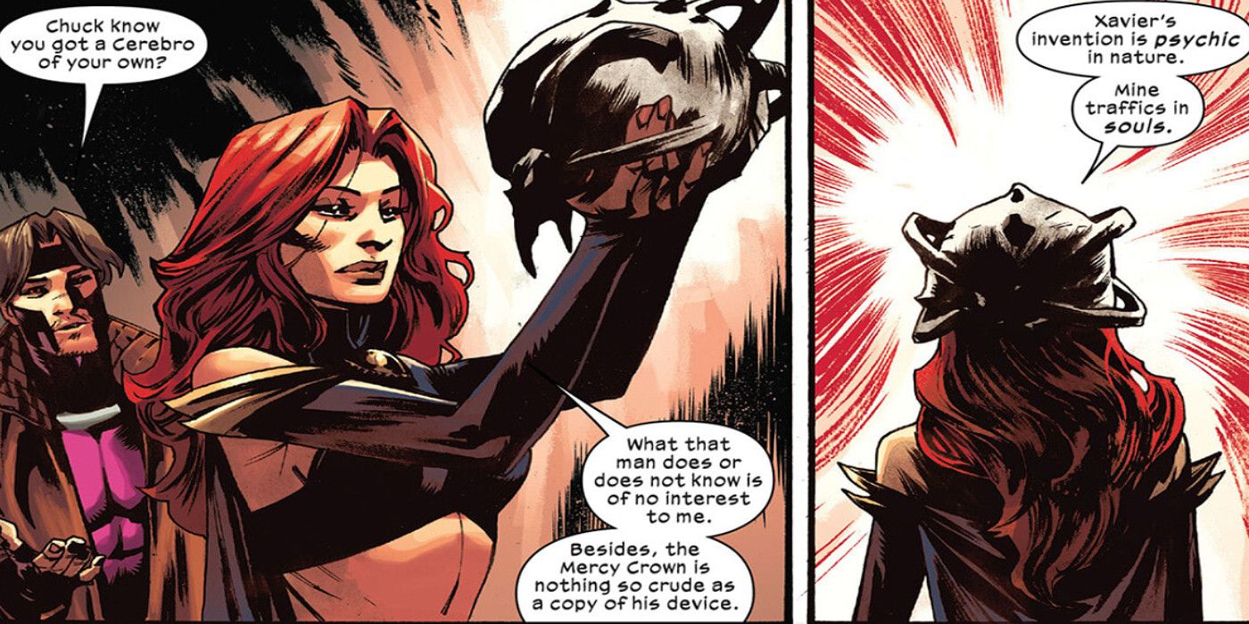 Madelyne Pryor holds up the Mercy Crown, a dark Cerebro variant