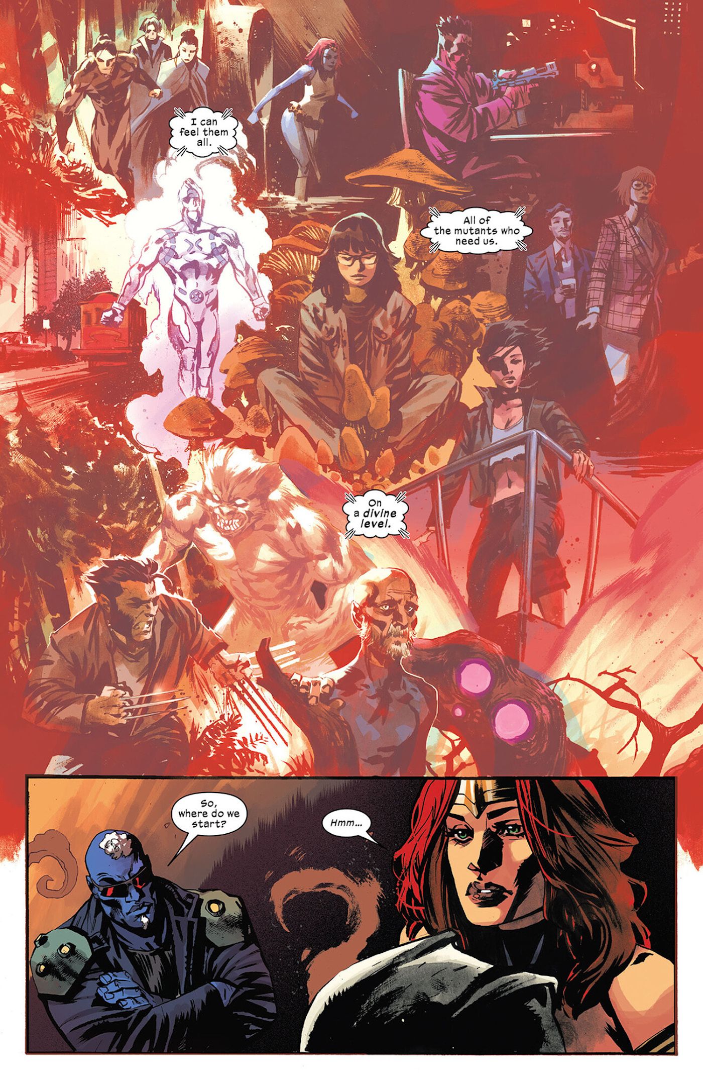 Full page splash of Pryor using the Mercy Crown to locate mutants