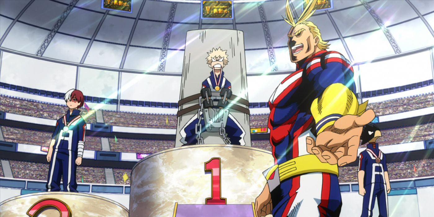 My Hero Academia: Bakugo restrained after winning the Sports Festival.