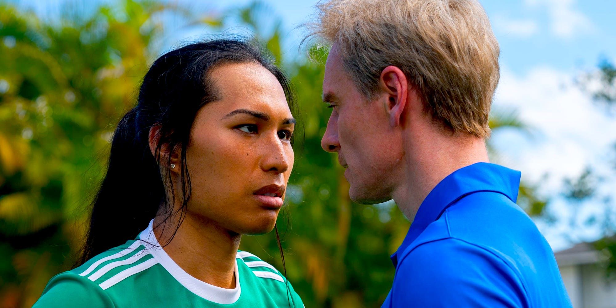Thomas Rongen (Michael Fassbender) Staring Down a Soccer Player in Next Goal Wins