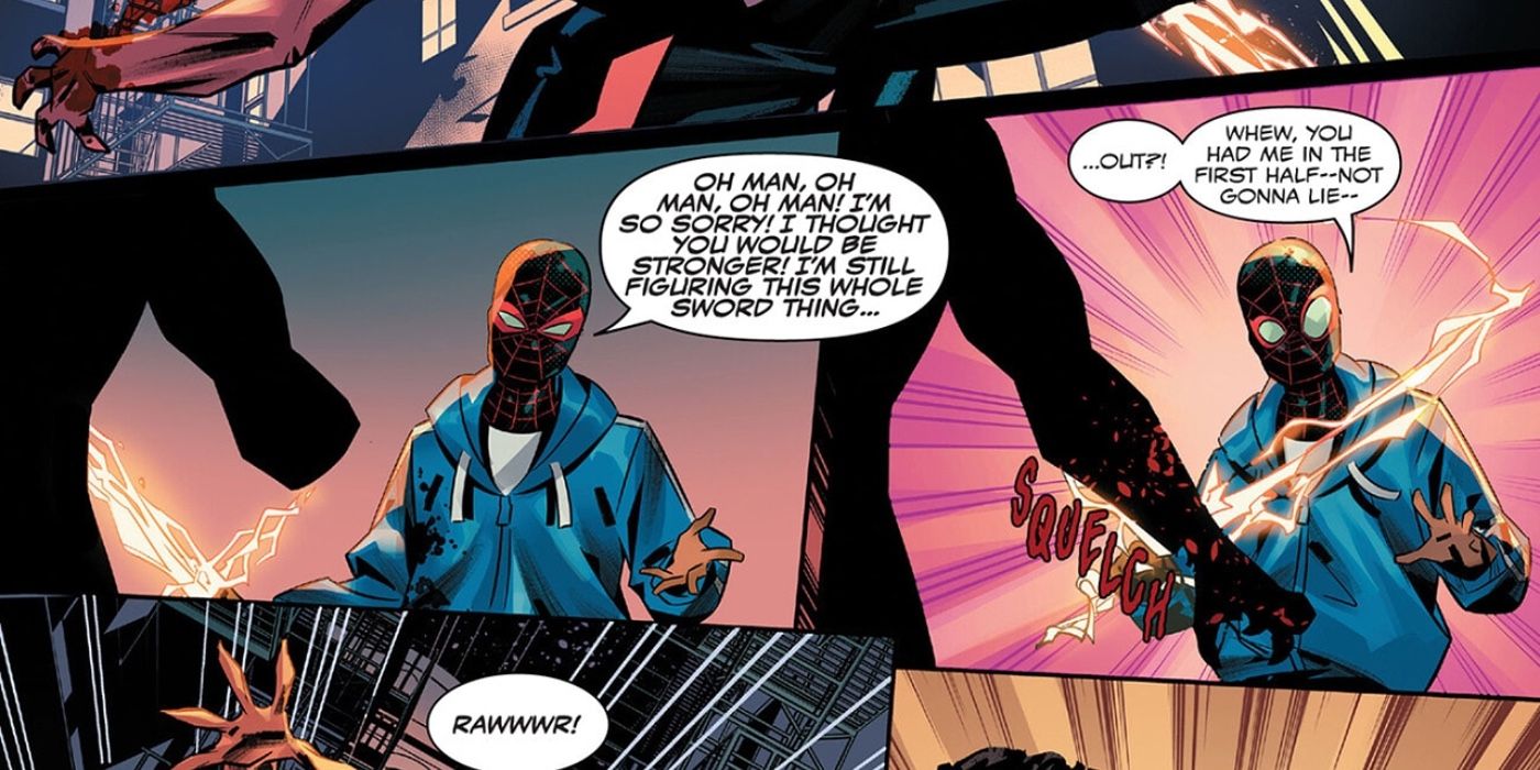 Miles Morales uses his venom-saber to accidentally cut off a vampire's arm
