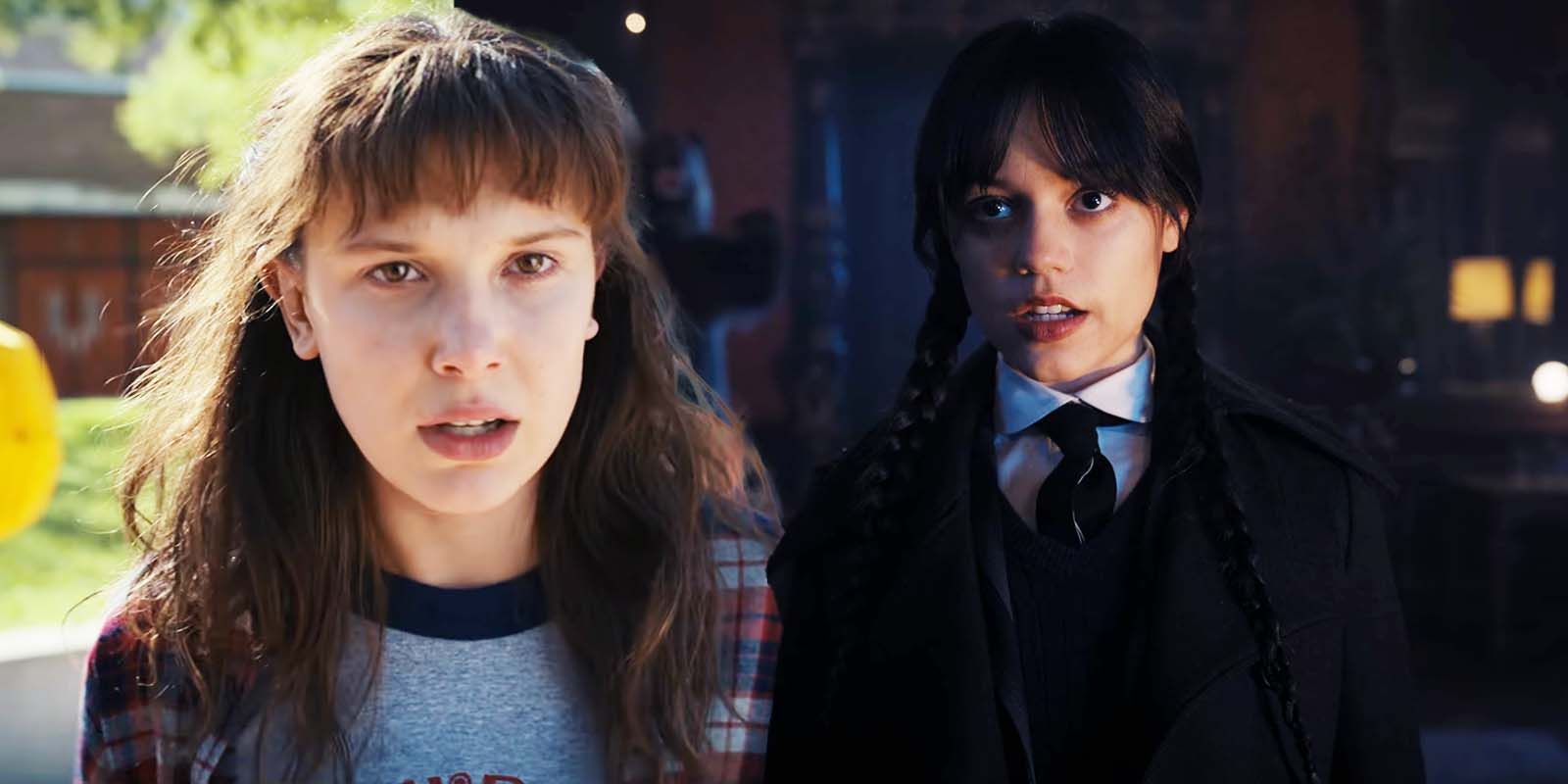 Millie Bobby Brown dans le rôle d'Eleven dans la saison 4 de Stranger Things et Jenna Ortega dans le rôle de Wednesday Addams dans la saison 1 de Wednesday
