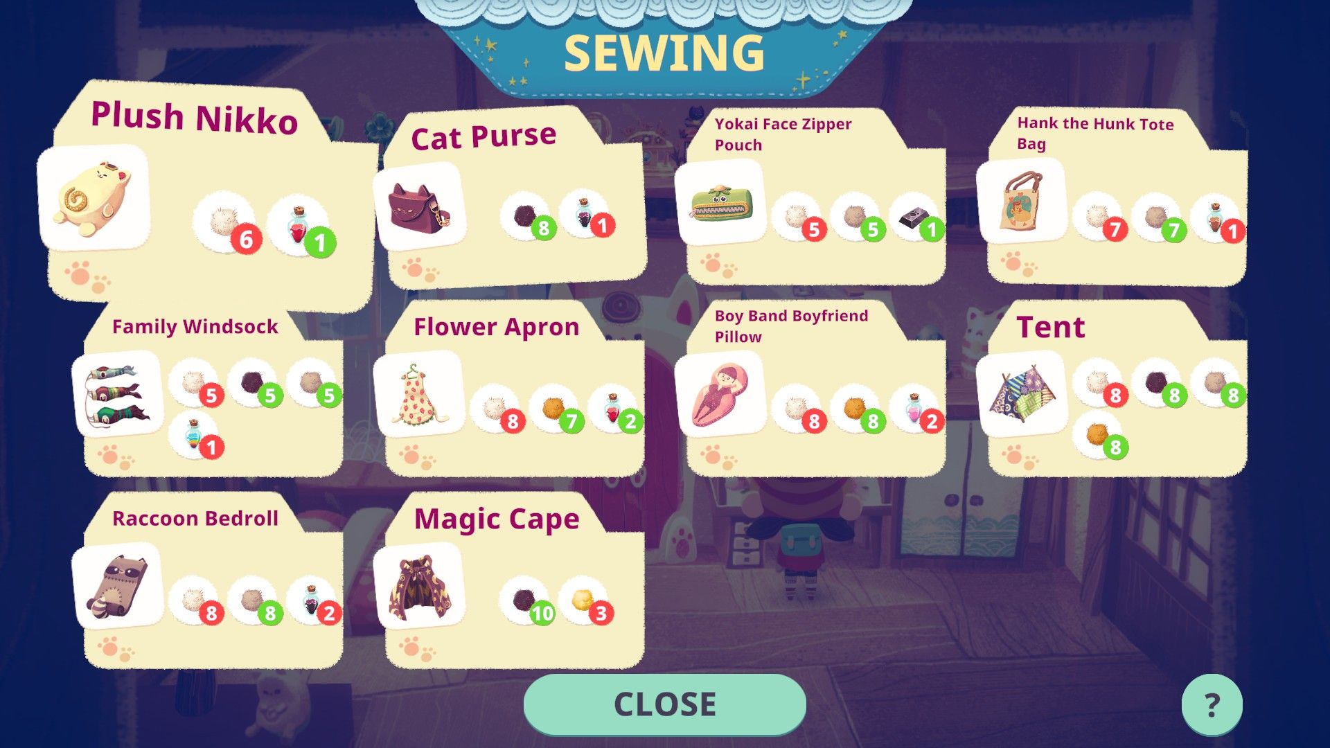 Mineko's sewing crafting recipe options.