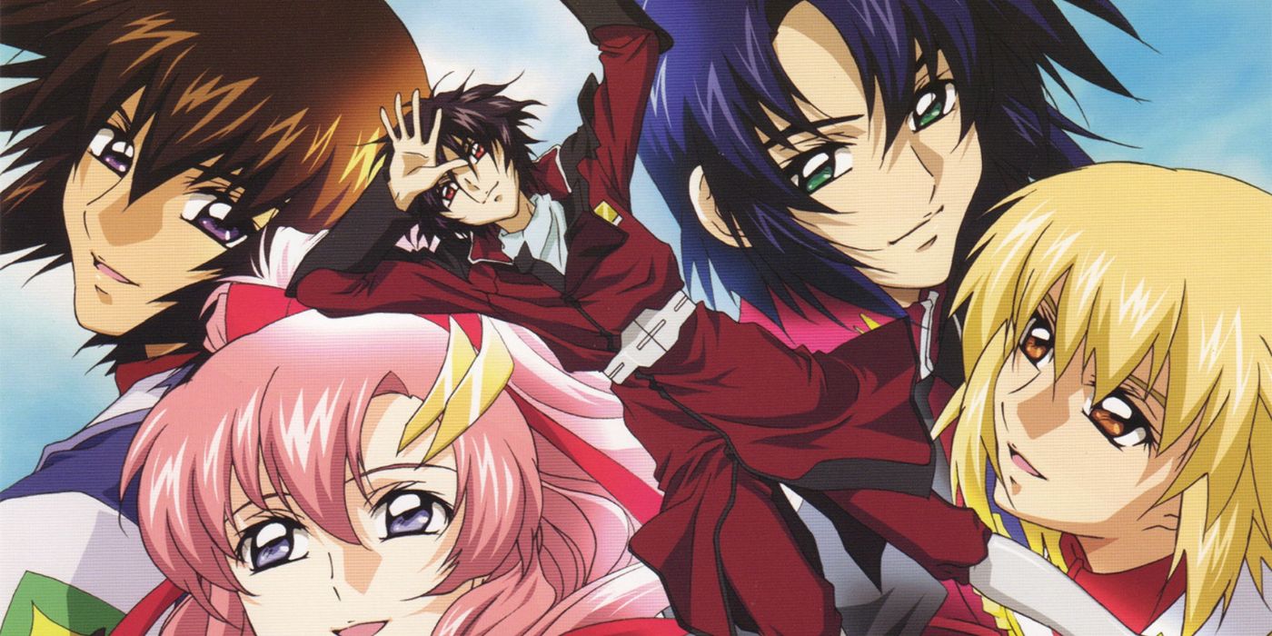 Kira, Lacus, Caglli, Athrun e Shinn em Mobile Suit Gundam SEED Destiny.