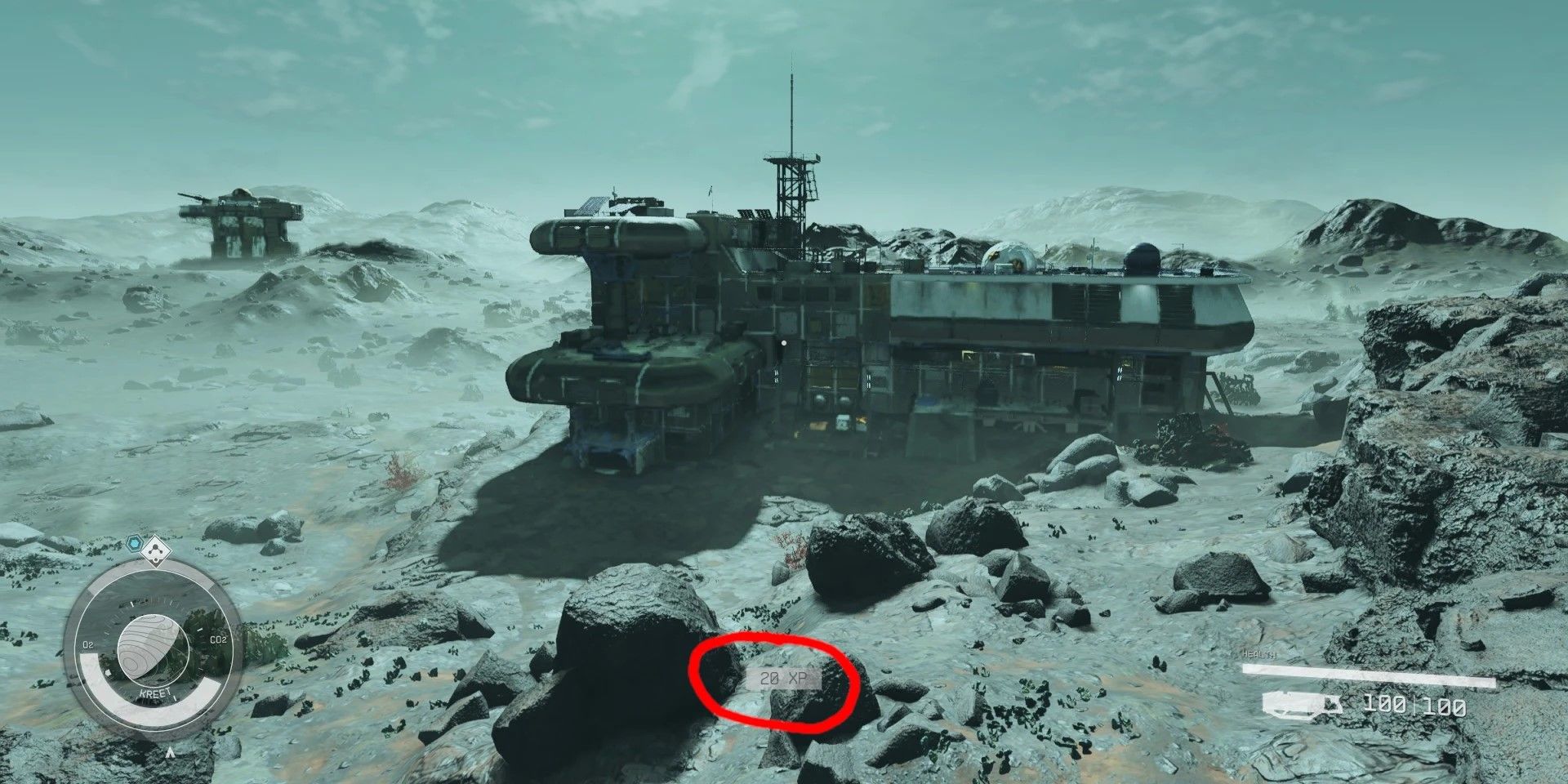 A player HUD with reduced information looking at an Outpost on a planet in Starfield