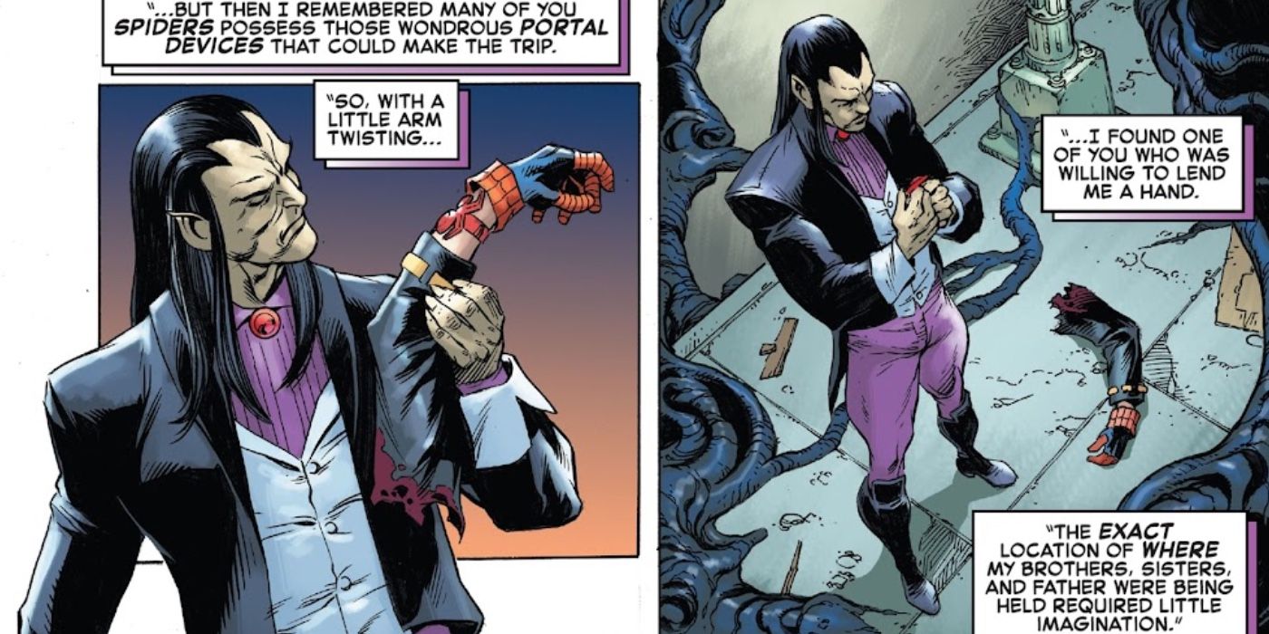 Morlun holds the dismembered hand of Spider-Boy