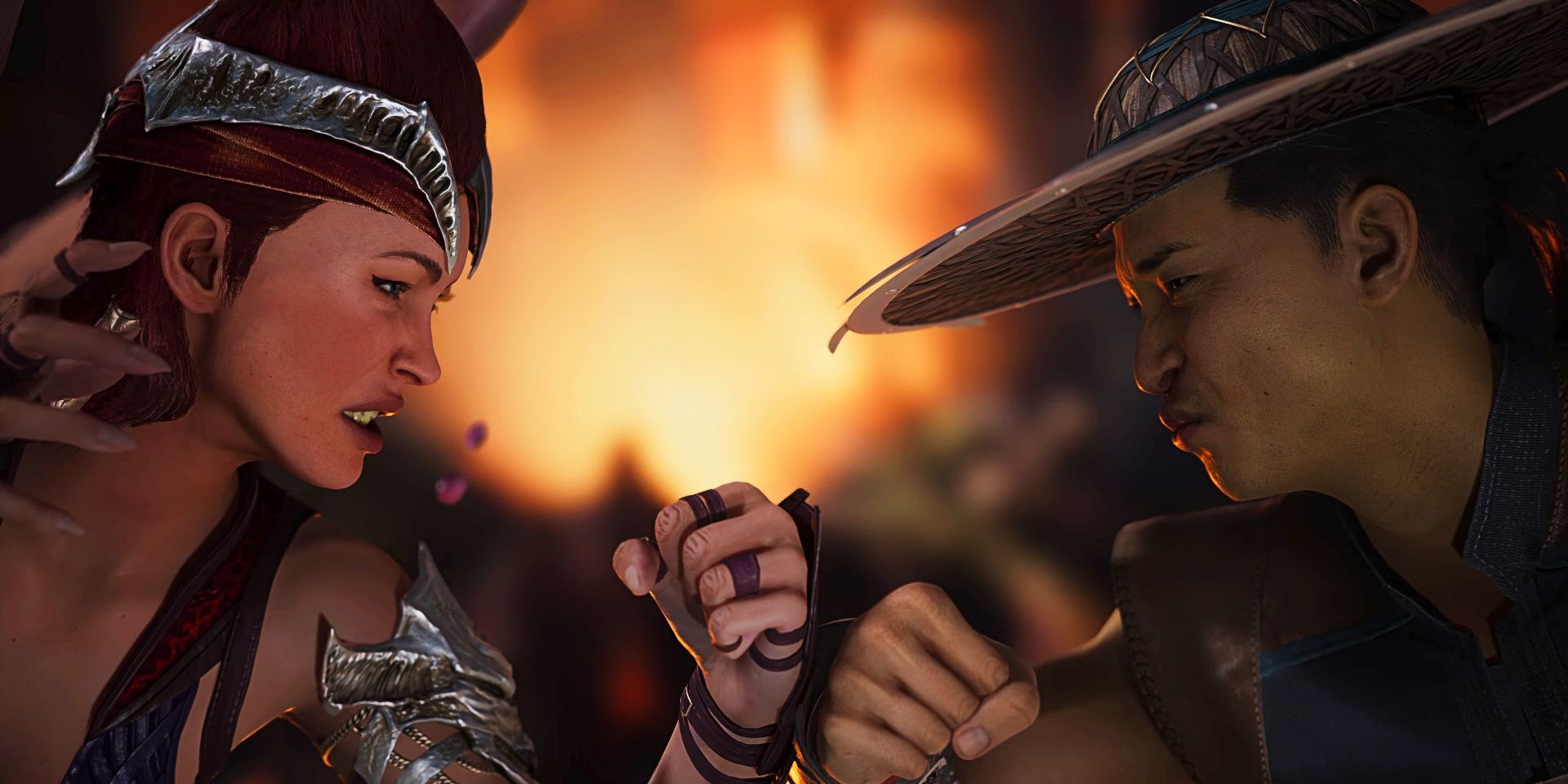 Nitara and Kung Lao stand face-to-face with clenched fists in a screenshot from Mortal Kombat 1.