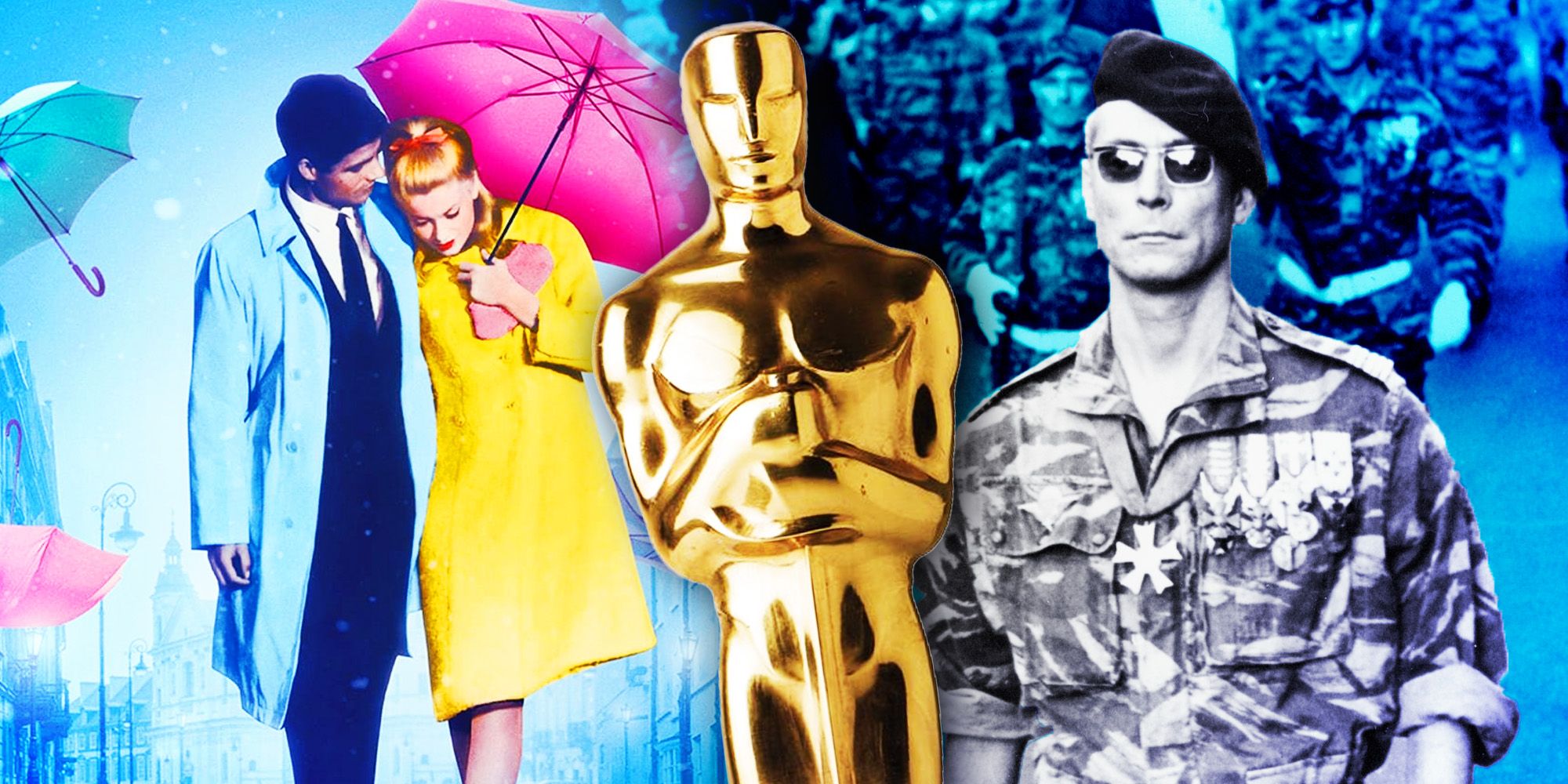 Oscars collage with The Umbrellas of Cherbourg and The Battle of Algiers with an Oscar statuette in front center.