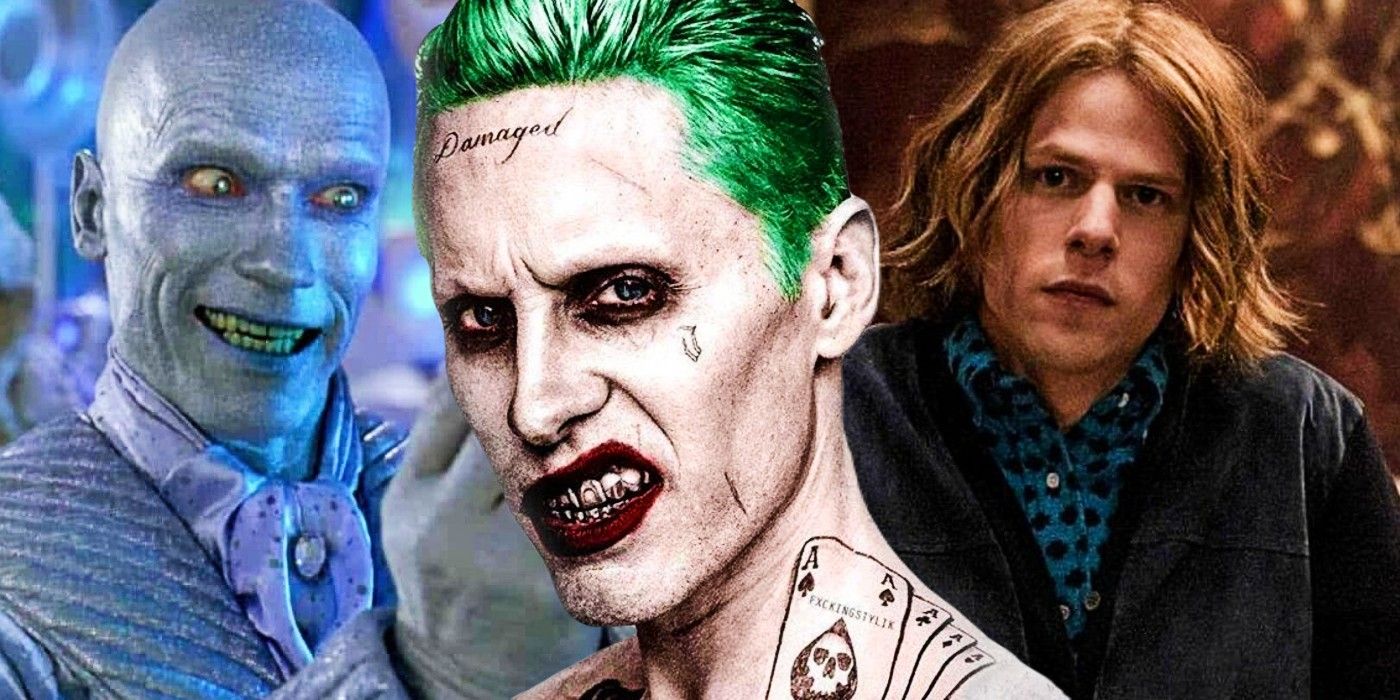 Custom image of Arnold Schwarzenegger&rsquo;s Mr. Freeze, Jared Leto&rsquo;s Joker, and Jesse Eisenberg&rsquo;s Lex Luthor.