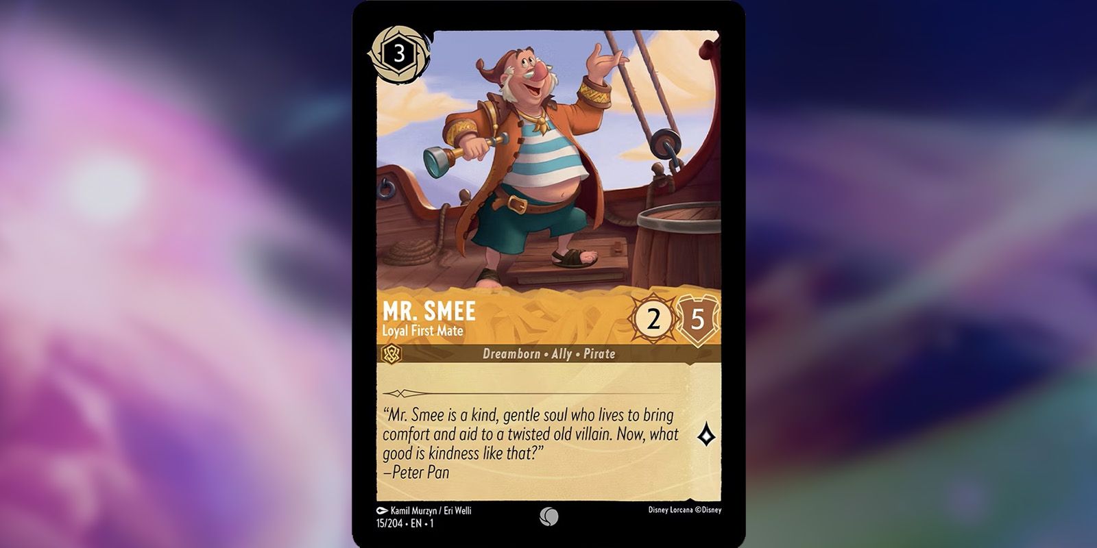 Mr. Smee Disney Lorcana card showing the pirate smiling on deck.
