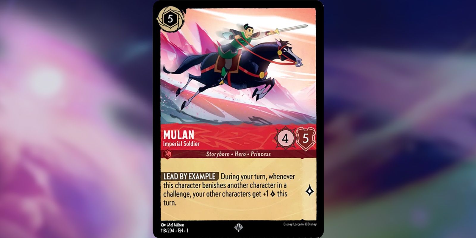 Mulan Disney Lorcana card showing the princess leading her horse forward in battle.
