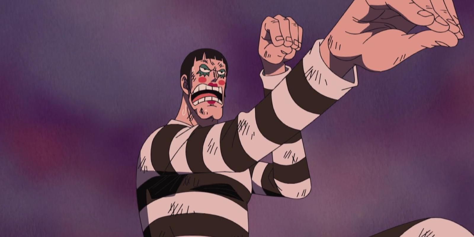 Bon Clay wearing a striped black shirt fighting in One Piece.