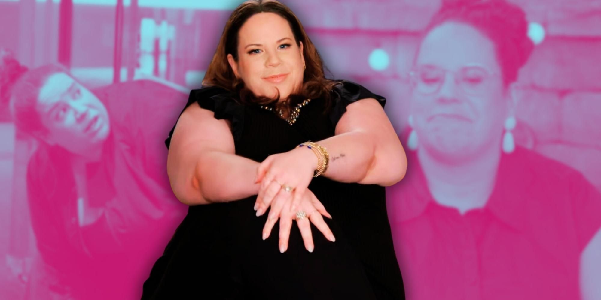 My Big Fat Fabulous Life's Whitney Way Thore posing with hands up pink background