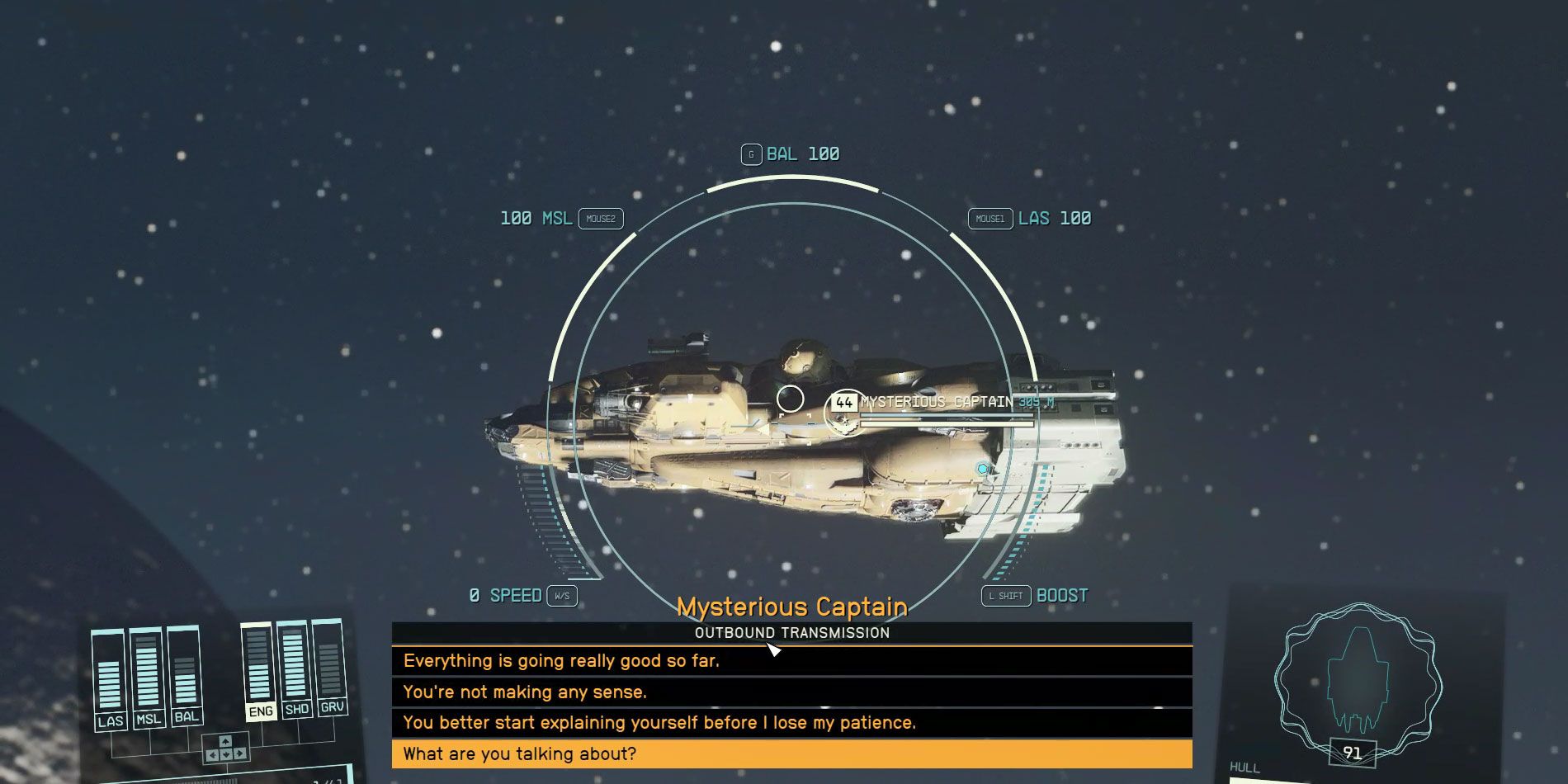 Brown spaceship named Mysterious Captain speaking to the player in Starfield.