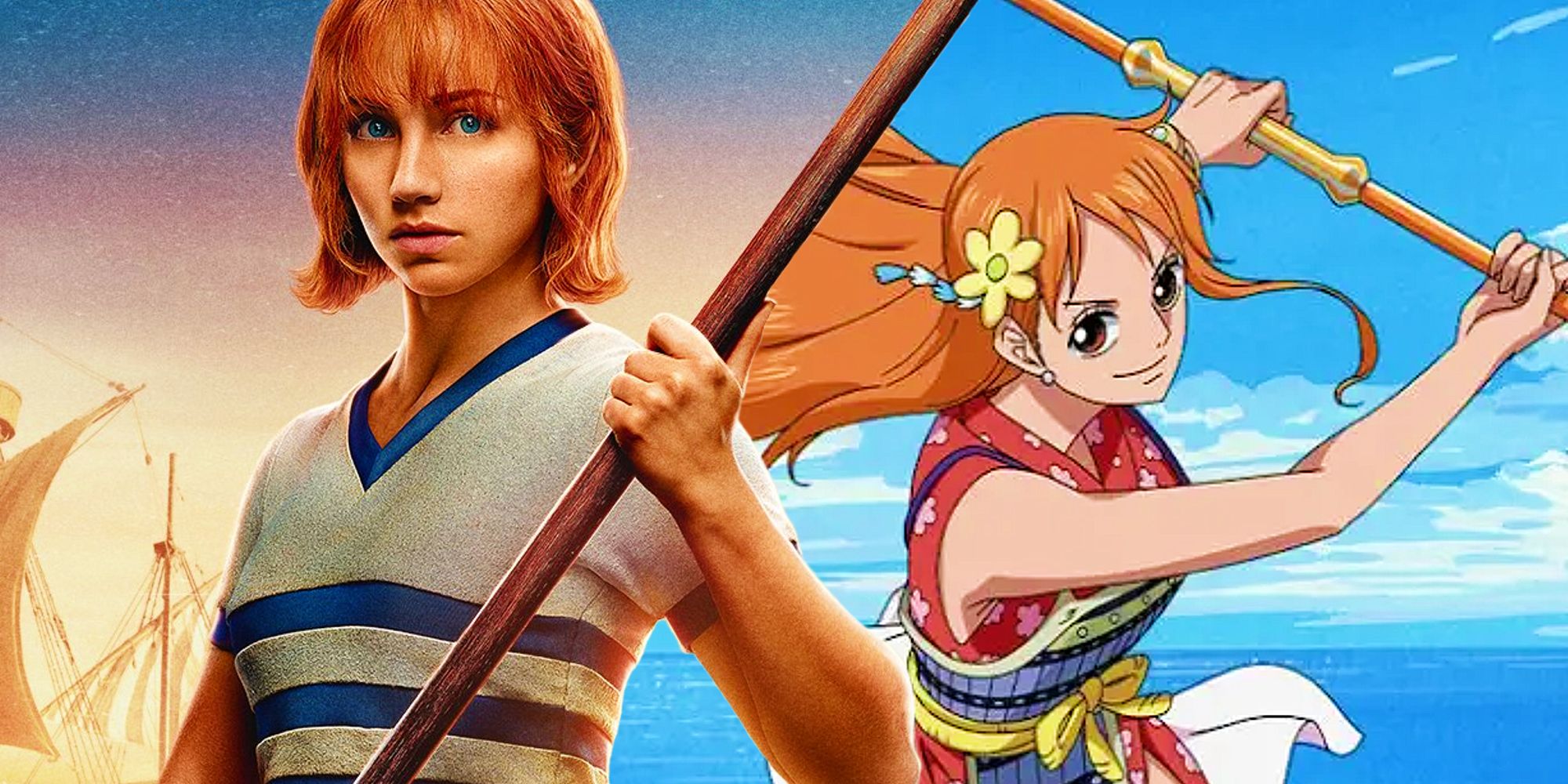 Nami from Netflix's One Piece holding her staff next to her anime character