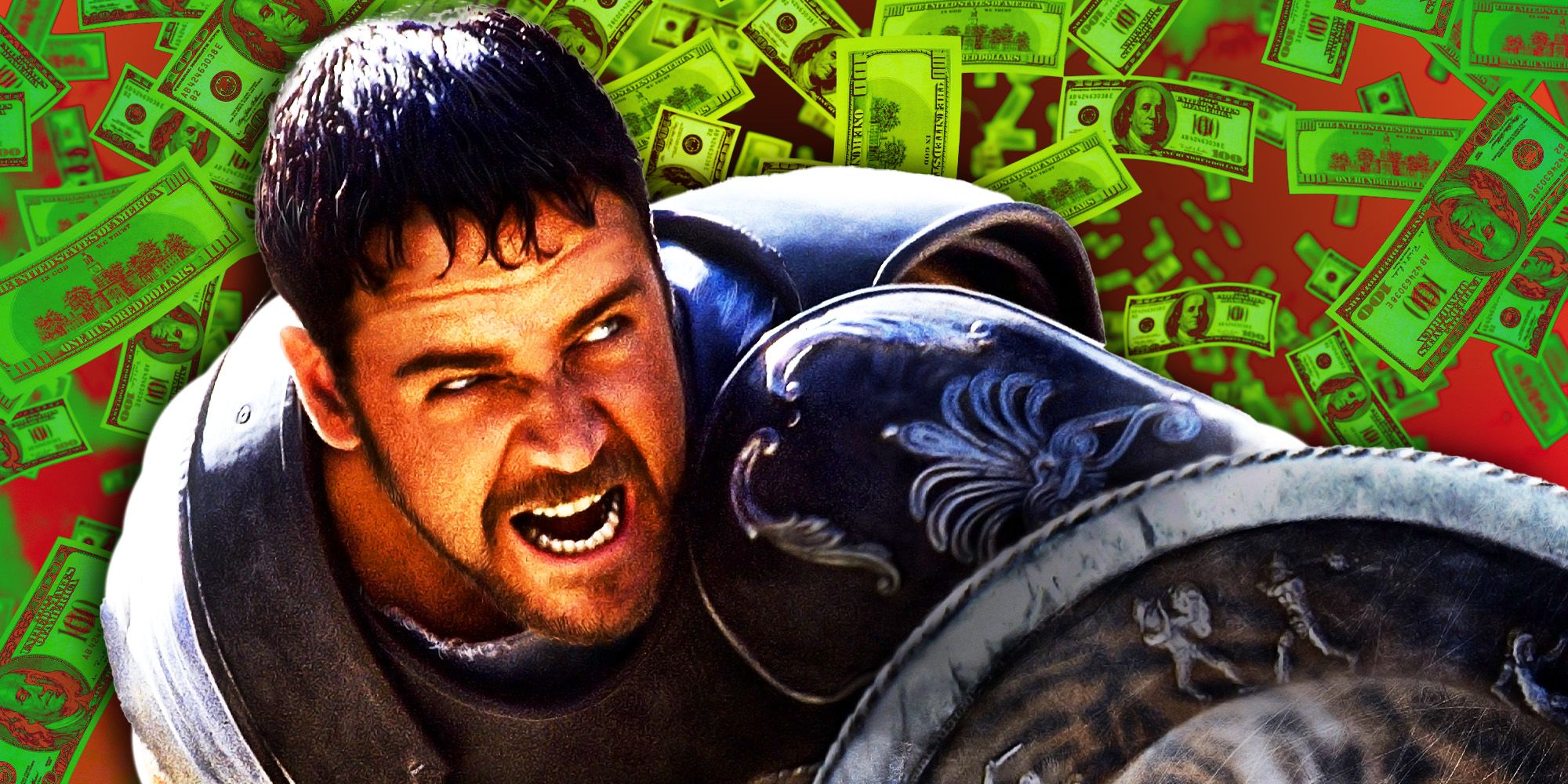 Russell Crowe in Gladiator against a backdrop of money