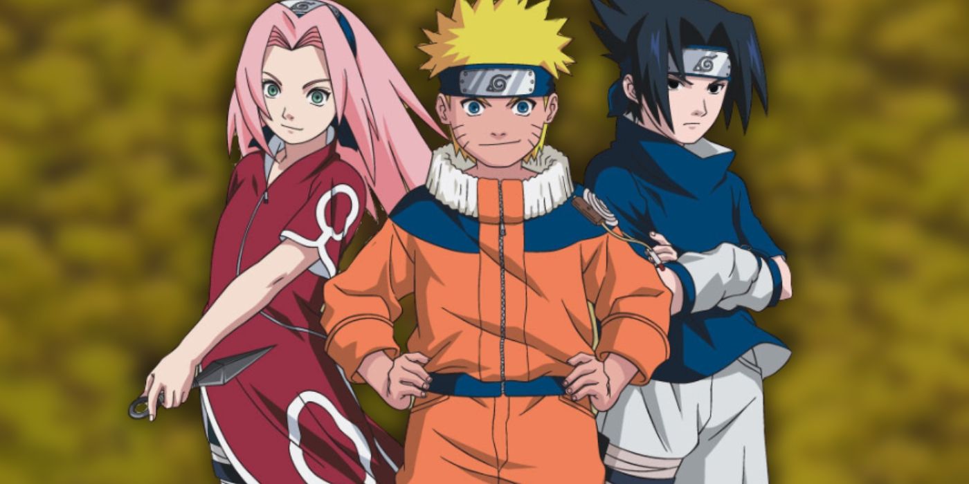 Naruto, Sasuke e Sakura posando em frente a um fundo amarelo para Naruto