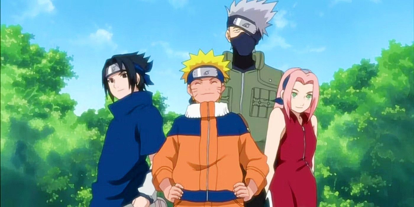 Equipe 7 de Naruto, com Sasuke, Sakura e Naruto.