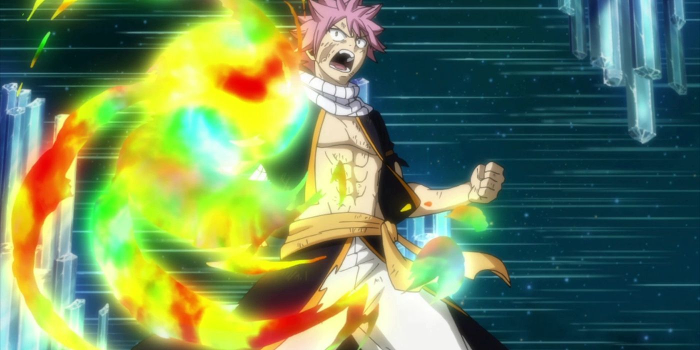 Natsu Dragneel (Fairy Tail) with his first covered with multicolored flames during the fight against Acnologia